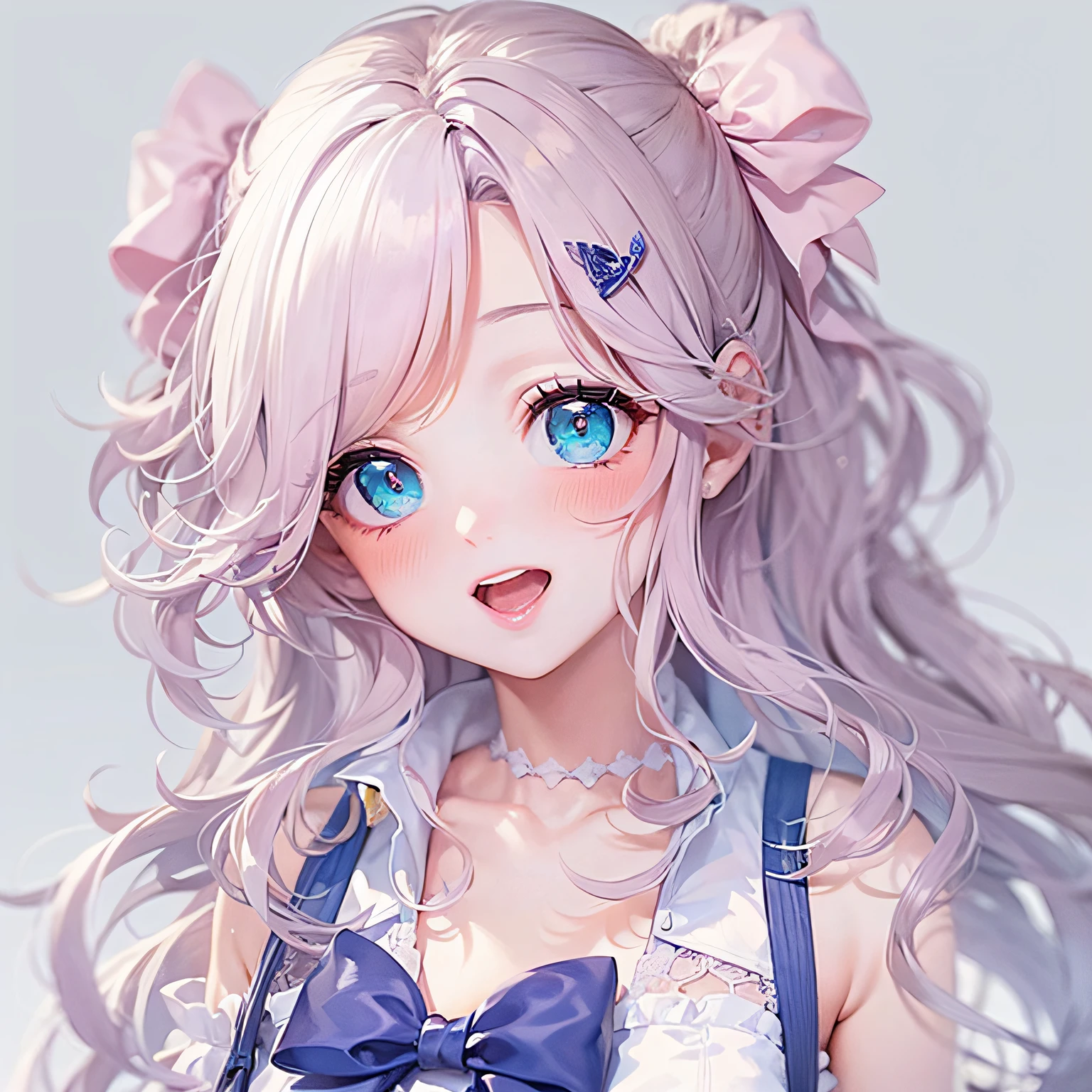 girl with pink hair and {{blue purple heterochromia eyes}}, blue sailor outfit, (highest quality, masterpiece, white background) long hair, open mouth, bow tie, {pretty face, bust shot}