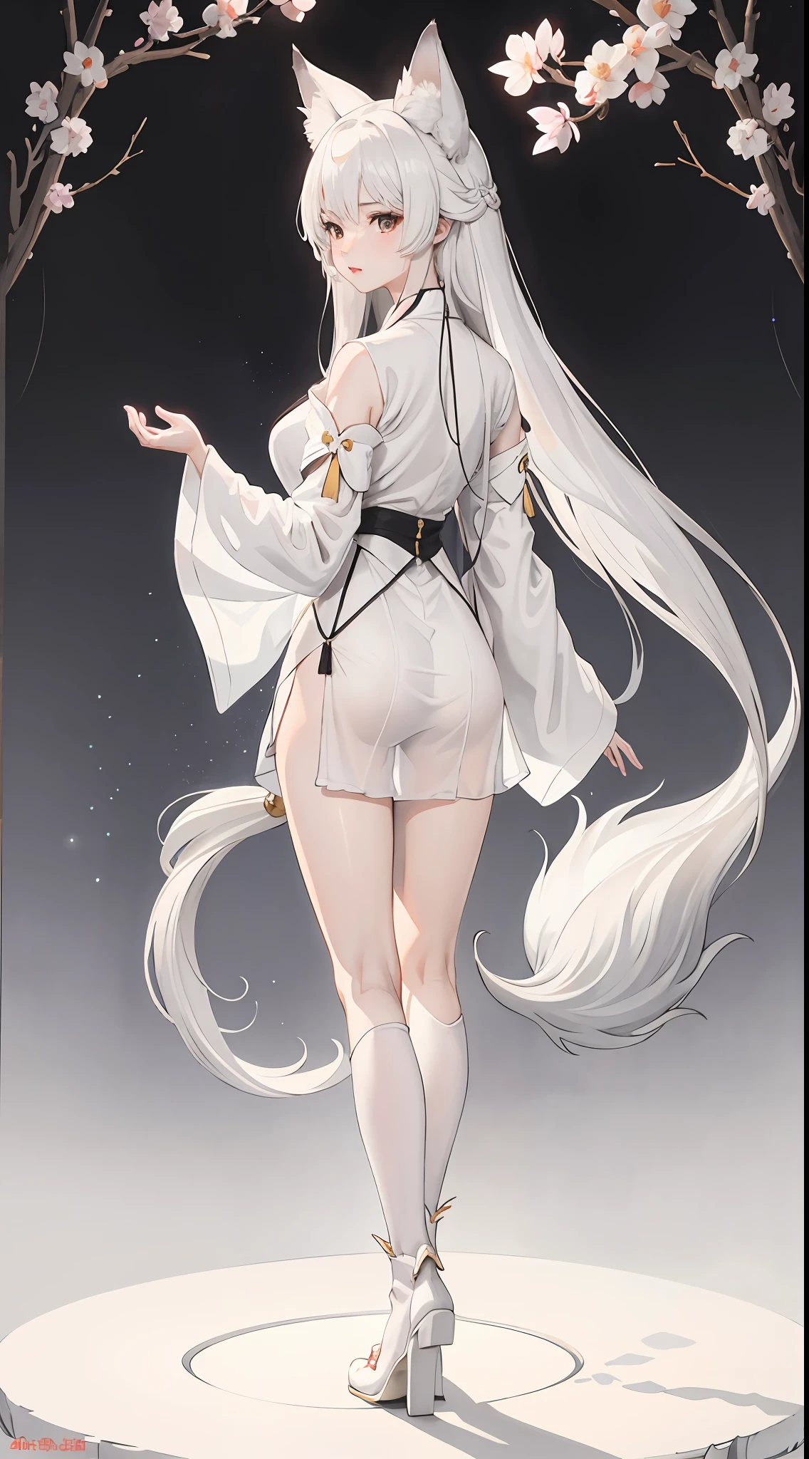 1girll, Full body like，White hair, long whitr hair，Messy hair，Translucent clothes，NSFW，White fox ears，White fox tail，比基尼，folds，folds，folds