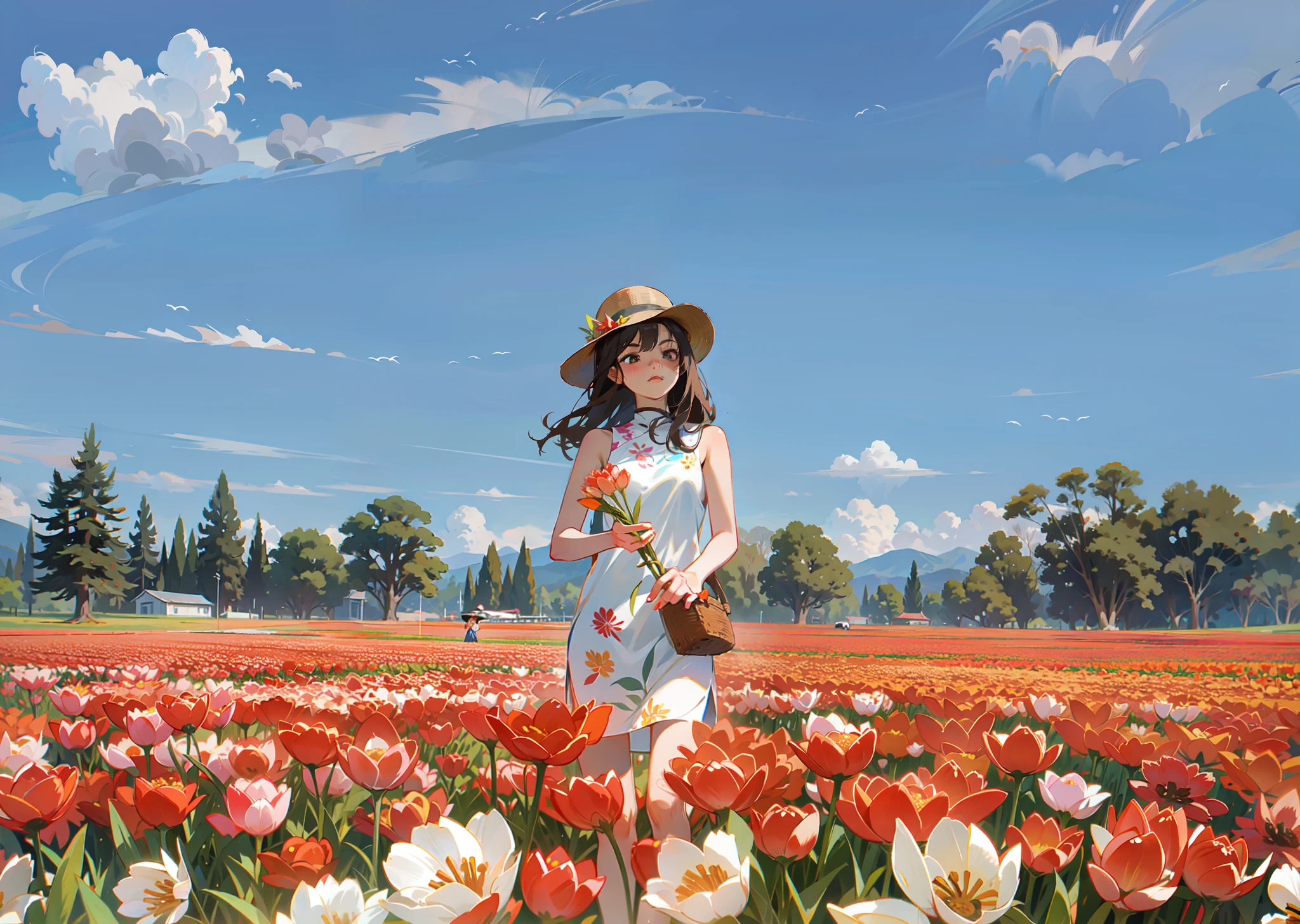 a pretty chinese woman in a field of tulips with a sun hat and sunglasses, wearing a white sleeveless halter dress, tall and slim, dark wavy hair, standing in tulips field, standing in a flower field, woman standing in flower field, standing in a field with flowers, flower fields, girl standing in a flower field, girl in a flower field, in a field of flowers, girl standing in flower field, in a field with flowers