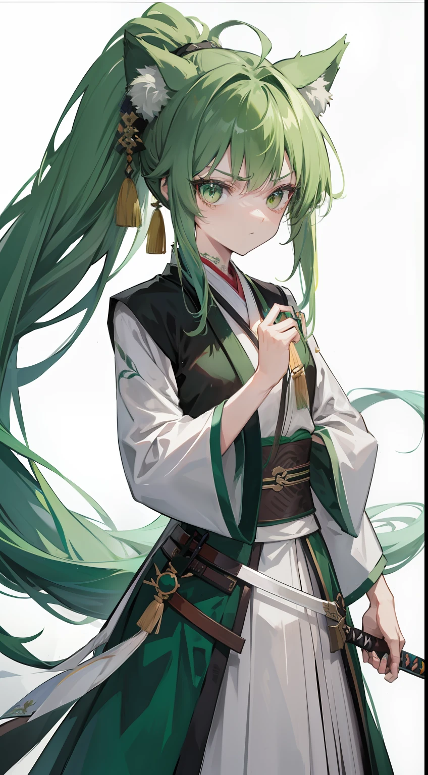 Tall guy, long green hair,high ponytail, Green eyes, wolf ears, Hanfu, a sword, A serious look, Masterpiece, hiquality
