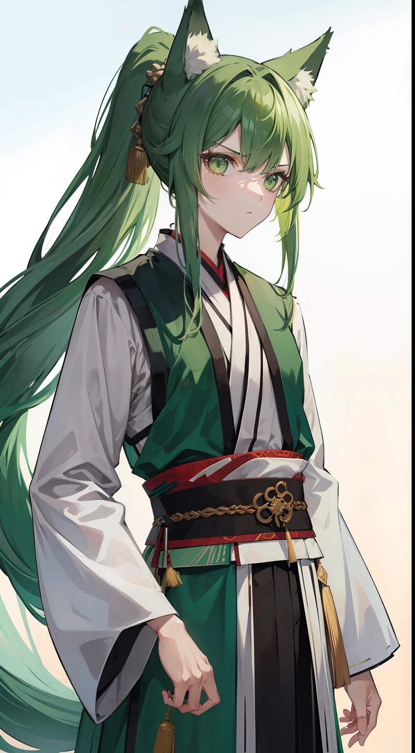 Tall guy, long green hair,high ponytail, Green eyes, wolf ears, Hanfu, a sword, A serious look, Masterpiece, hiquality