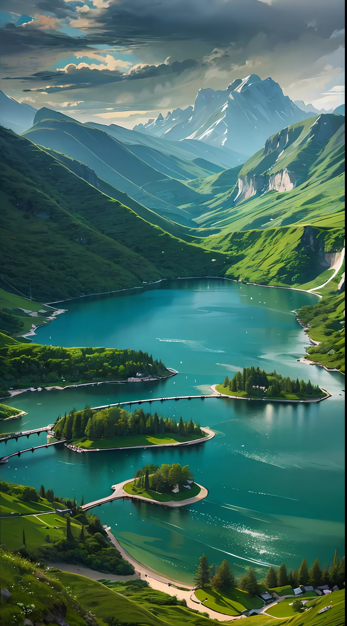 A stunning place,With its magnificent peaks、Known for its crystal clear lakes and pristine forests。The view is very unique,The mountain peaks are towering,Mountains and ravines,Densely forested,The lake is clear,The meadows are lush,Various scenes are intertwined,constitutes magnificent、mistic、Beautiful landscape。The top of the mountain resembles a colorful vase。From here you can overlook the mountains、Endless grasslands and turquoise lakes,Feel the mystery and magnificence of nature。The lake is crystal clear,Known as the "Jasper Vein."、Golden Sands and Silver Beach"。Here you can enjoy the clear water of the lake,Feel the beauty and tranquility of the lake and mountains。masterpiece, best quality, ultra-detailed, best shadow,8k,official art