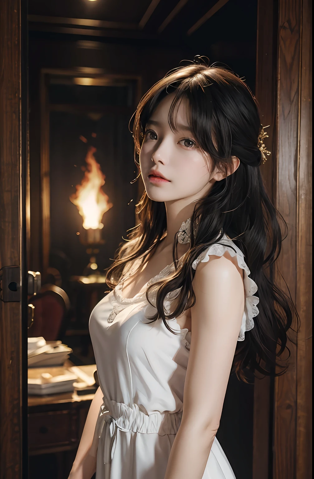 （RAW photos，best qualtiy），（Realiy，photographrealistic：1.3），best qualtiy，highly  detailed，tmasterpiece，ultra - detailed，illustratio，1girll，dynamic angle，World Mastery Theatre，Long messy hair，best qualtiy，Very detailed CG unity 8K wallpaper，ink，astounding，Silk nightdress，电影灯光，lens
