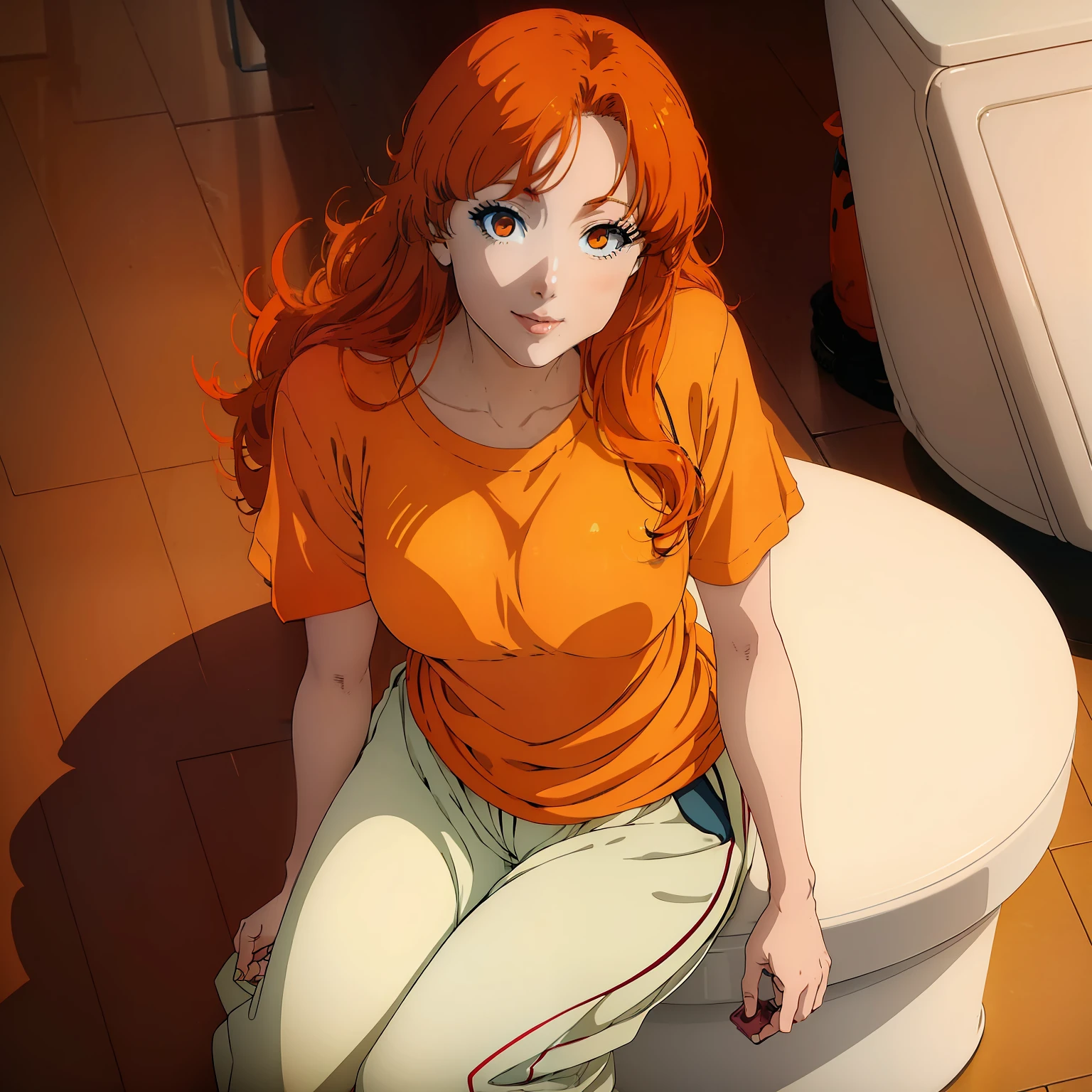 (((Anime))), ((((woman)))), straight from real life, with (hair_orange) orange hair, make over on a toilet wearing (shirt_orange) orange shirt and long pants, smile"