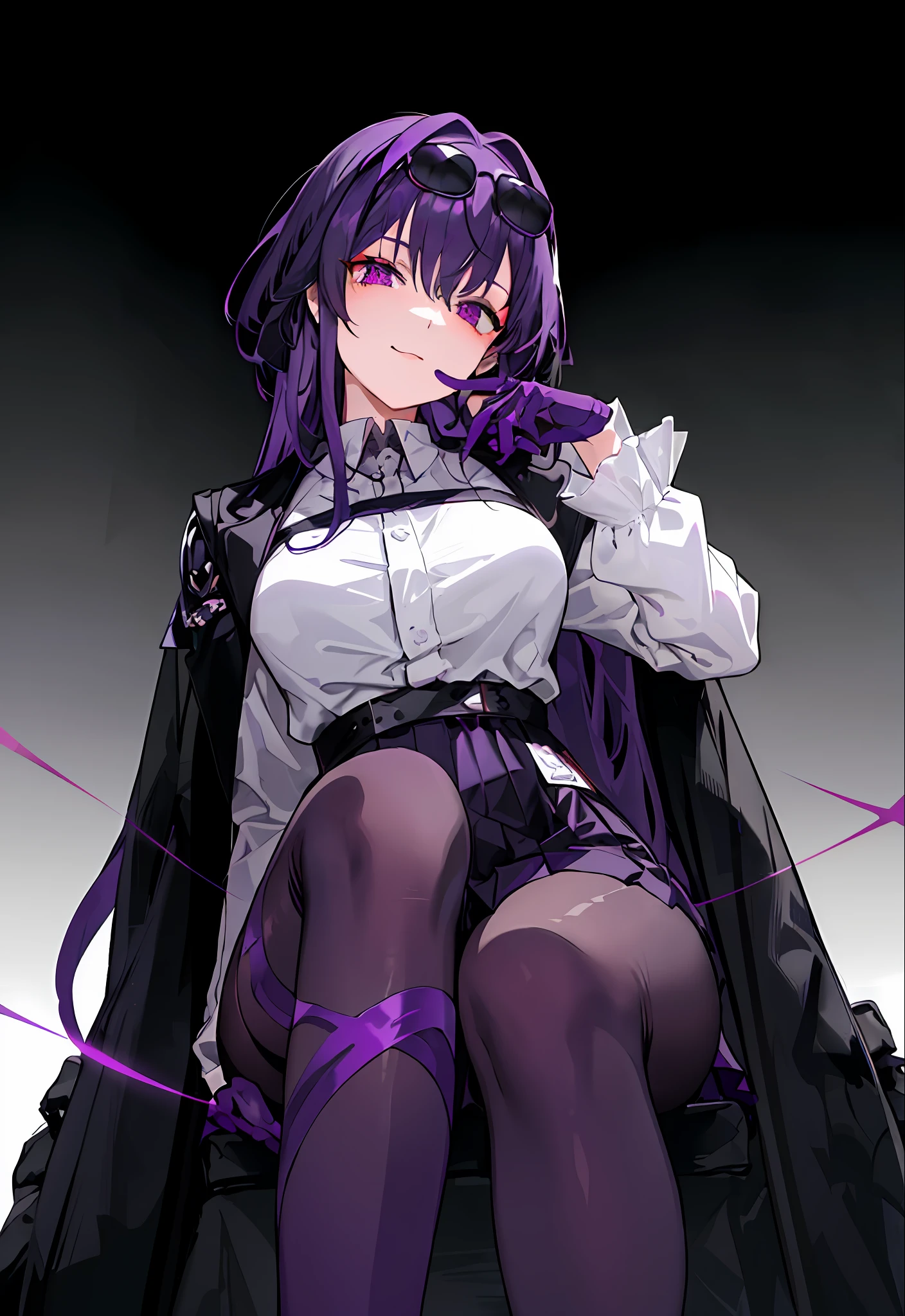 (Masterpiece, Best quality),8K quality, 1girll, 独奏, KafkaHKS, A woman sits in a chair,There was a knife leaning against the side of the chair,Playful expression!Purple and black clothes。eyewear on head, gradient backgrounds, hair between eye,Long sleeves, Purple gloves, White shirt, Purple pantyhose, Black boots, Purple cobwebs, Black silk thighs, sunglasses on head, long whitr hair, looking at viewert, Black Purple Hair, Short purple nails, Scarlet eyes,Thighs, Thighs,upper legs,long whitr hair,Wine,wineglass,((tmasterpiece))Pleated purple skirt,Sat down,Absolute realm,mistic,magical