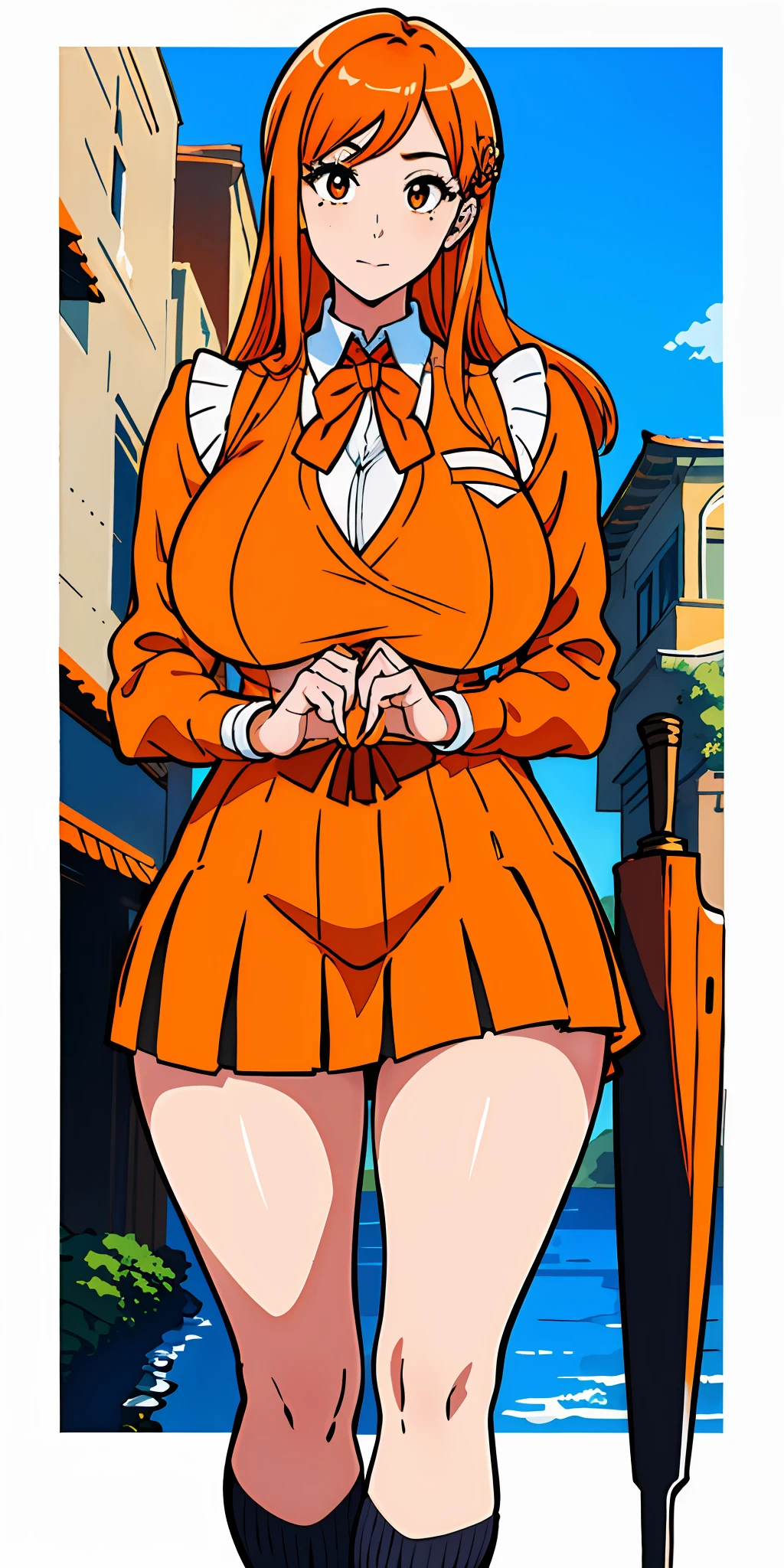 (top-quality、​masterpiece)、1girl in、A stunning、((Orange hair))、barechested、Mole、(((Colossal tits)))、large full breasts、Sheer areol、校服、shool uniform、neck tie、I can see my chest a little