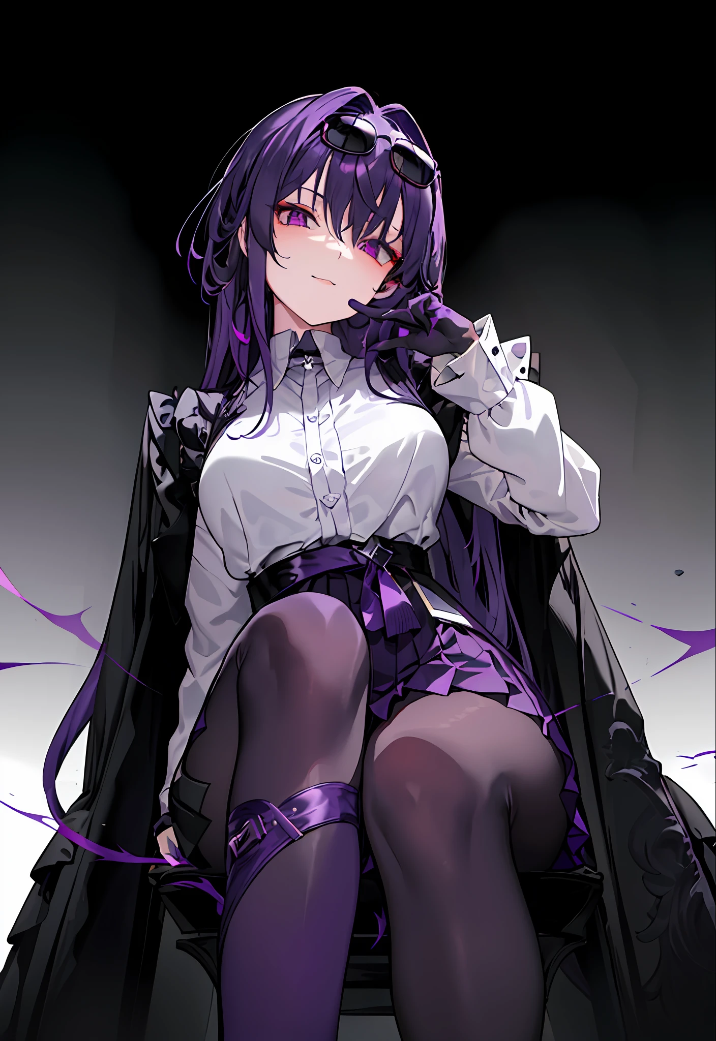 (Masterpiece, Best quality),8K quality, 1girll, 独奏, KafkaHKS, A woman sits in a chair,There was a knife leaning against the side of the chair,Playful expression!Purple and black clothes。eyewear on head, gradient backgrounds, hair between eye,Long sleeves, Purple gloves, White shirt, Purple pantyhose, Black boots, Purple cobwebs, Black silk thighs, sunglasses on head, long whitr hair, looking at viewert, Black Purple Hair, Short purple nails, Scarlet eyes,Thighs, Thighs,upper legs,long whitr hair,Wine,wineglass,((tmasterpiece))Pleated purple skirt,Sat down,Absolute realm,mistic,magical