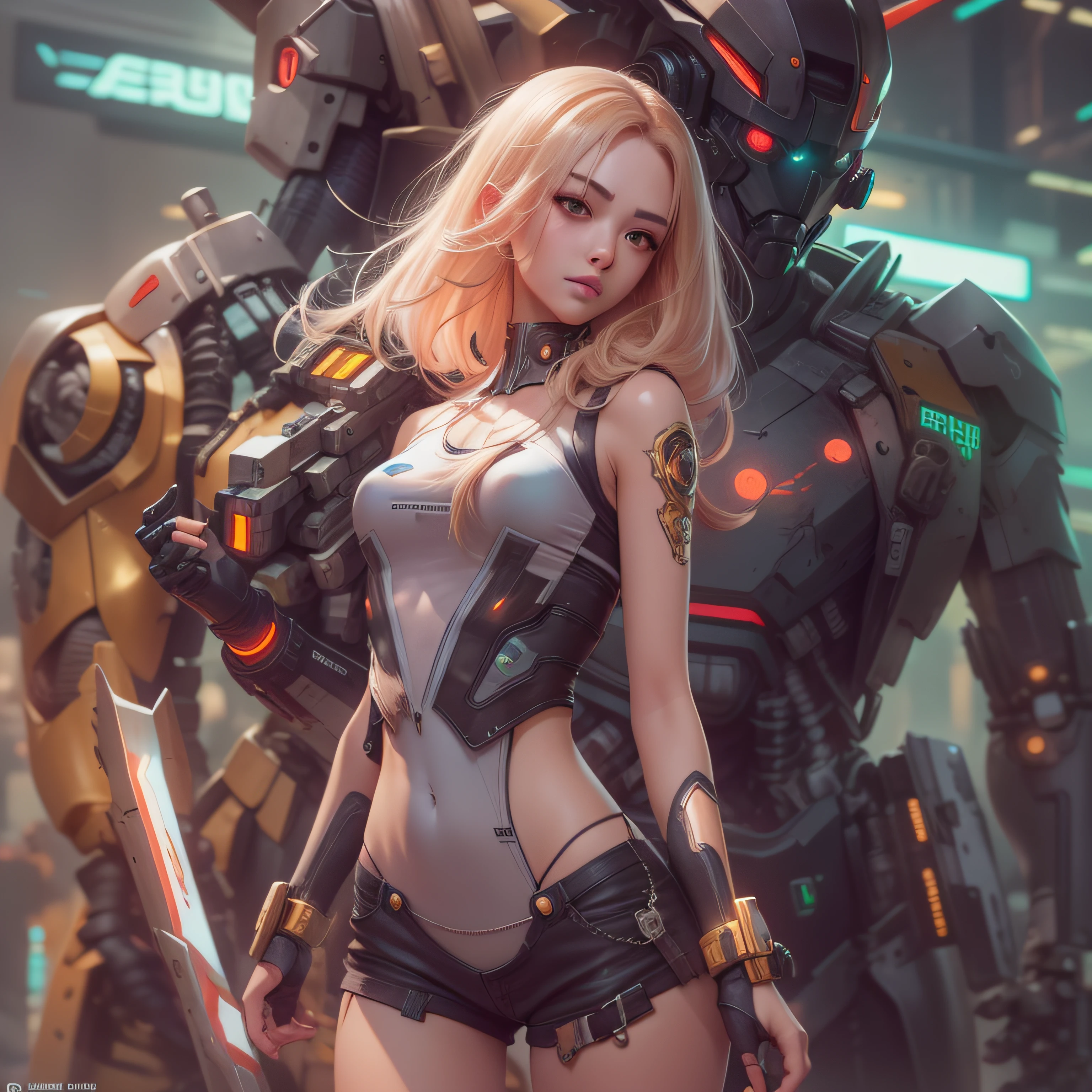 Boutique,best quality,Gold jewelry,(slip out feet),Fairy skin,(Fidelity :1.2),Standing,Super Detailed,realistic,High quality,Movie Light,Ray tracking,Ultra HD,Upper body Girl in shorts and jacket standing next to giant robot, Guweiz style artwork, CyberPunk mech, Trends on CGSTATION, Guweiz, Russell Dongjun Lu, digital cyberpunk anime art, Ross Tran 8 K, Guweiz on ArtStation Pixiv, Girl in mecha network armor