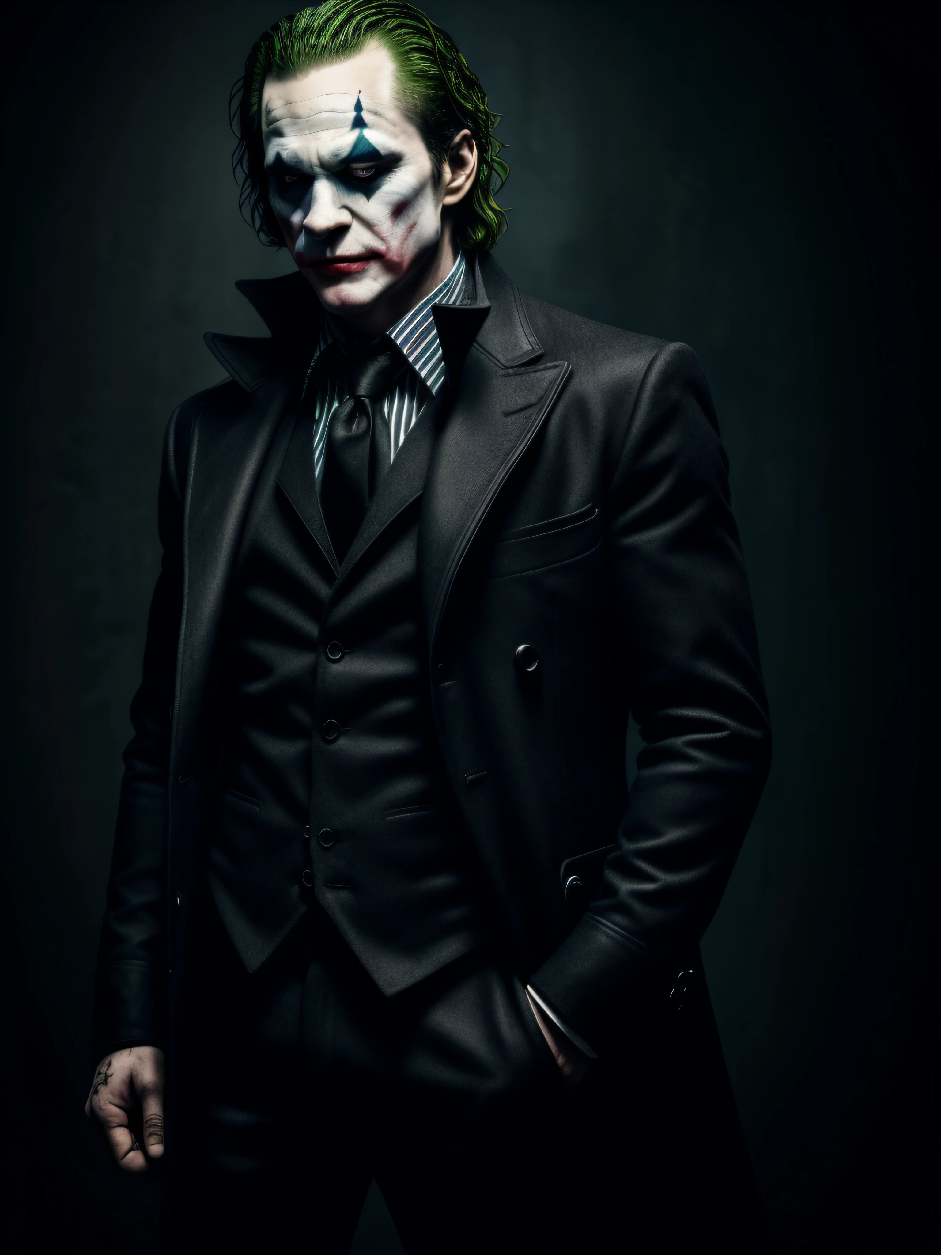 Joker image, dark style clothes, male character, strong physique, , blood circus background, wallpaper style, tabby, detailed image, realistic, faithful to series, cinematic setting, style in dark shadows, realistic, detailed, high quality resolution, dark style