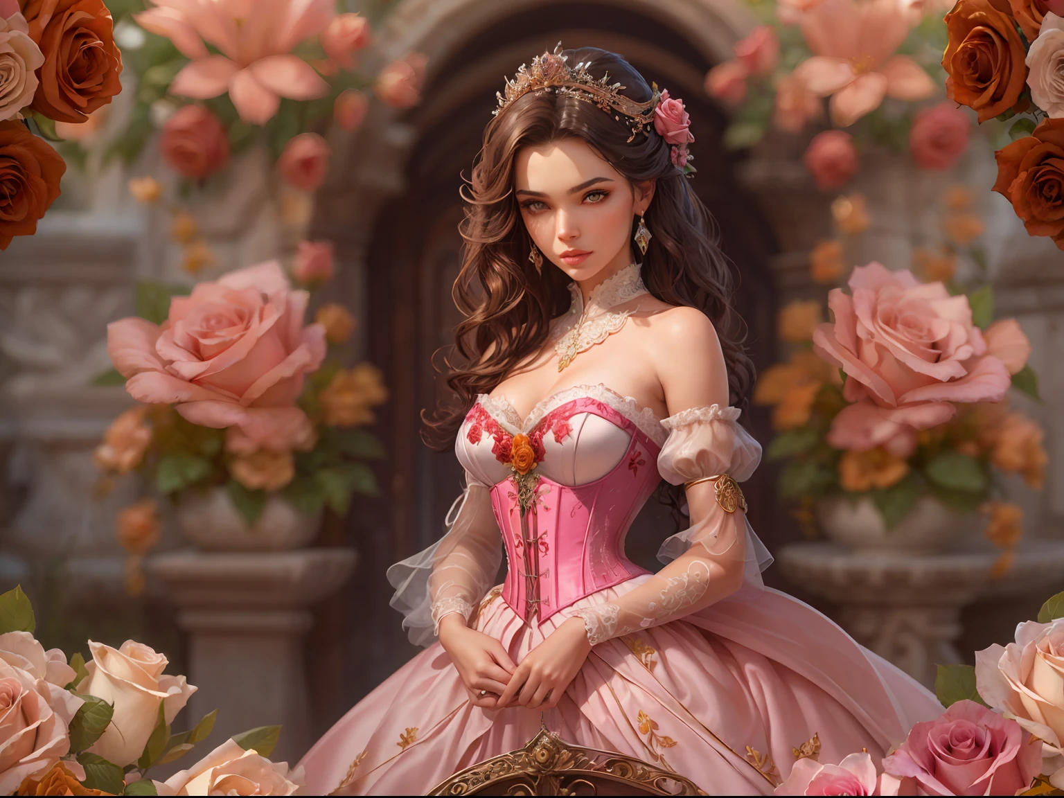 This is realistic fantasy artwork set in the castle's enchanted rose garden. Generate a proud woman with a highly detailed face dressed in the billowing folds of a stunning French silk ballgown. The woman's sweet face is ((((highly detailed, with realistic features and soft, puffy lips.)))) The ballgown is embellished with ruffles, sashes, and bows and a delicately, but intricately, hand-embroidered bodice. The corset features silk ribbon. The woman's stunning eyes are beautifully detailed, featuring realistic shading and multiple colors and high resolution. The woman is in a garden of eternal roses, each one beautifully formed and highly detailed. These realistic roses feature shimmering shades of pink, yellow, orange, and glimmering red. The eternal rose is a deep shade of red with shimmering pink overtones and undertones. Ensure that the woman's face, hair, and eyes are perfect. realism, high fantasy, whimsical fantasy, storybook fantasy, fairytale fantasy, fantasy details, enchanting, bewitching, 8k, hires, cgi, digital painting, unity, unreal engine, (((masterpiece))), intricate, elegant, highly detailed, majestic, digital photography, art by artgerm and ruan jia and greg rutkowski, (masterpiece, finely detailed beautiful eyes: 1.2), hdr, realistic skin texture, (((1woman))), (((solo))), Include a highly detailed face, extremely detailed face, and interesting background.