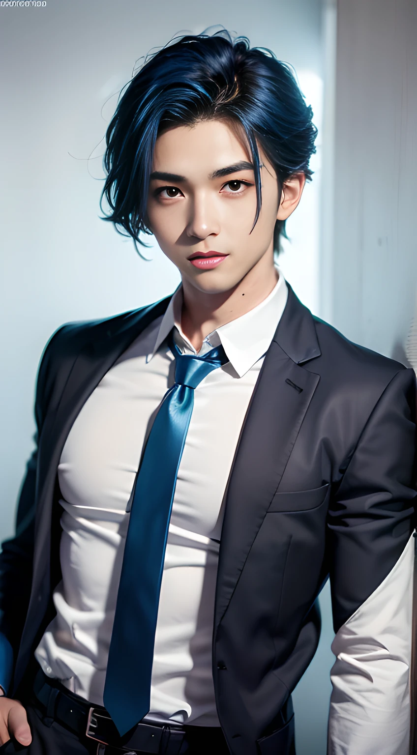 handsome young man in his 20's, blue hair,
