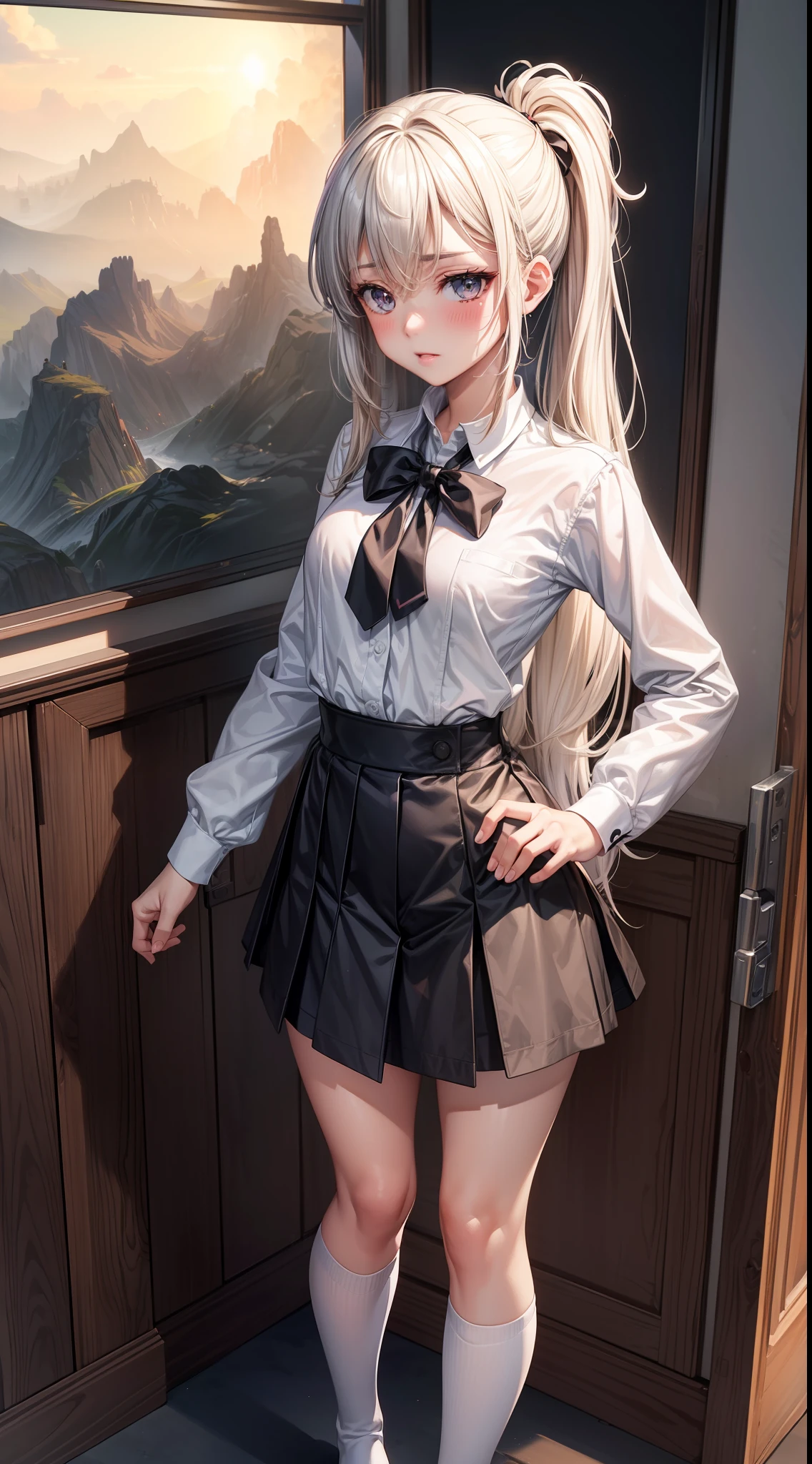 nudegirl,(((Masterpiece,Best quality,offcial art,Extremely detailed Cg Unity 8K wallpaper))) ,(Masterpiece:1.2, Best quality), (((Best quality))),(((Ultra detailed))),(((Masterpiece))),illustration, 1girll,Chinese, Slim figure,Students,indoor,Beautifully detailed eyes,Messy hair,Long hair, flipped hair,hair glowing,angle of view,((Blush)),((rough breath)),Black eyes,Perfect face,Small breasts,White school uniform,Perfect feet,uwabaki,Small waist,Side ponytail,,Head down,standing,white legwear,(NSFW)、Black color hair