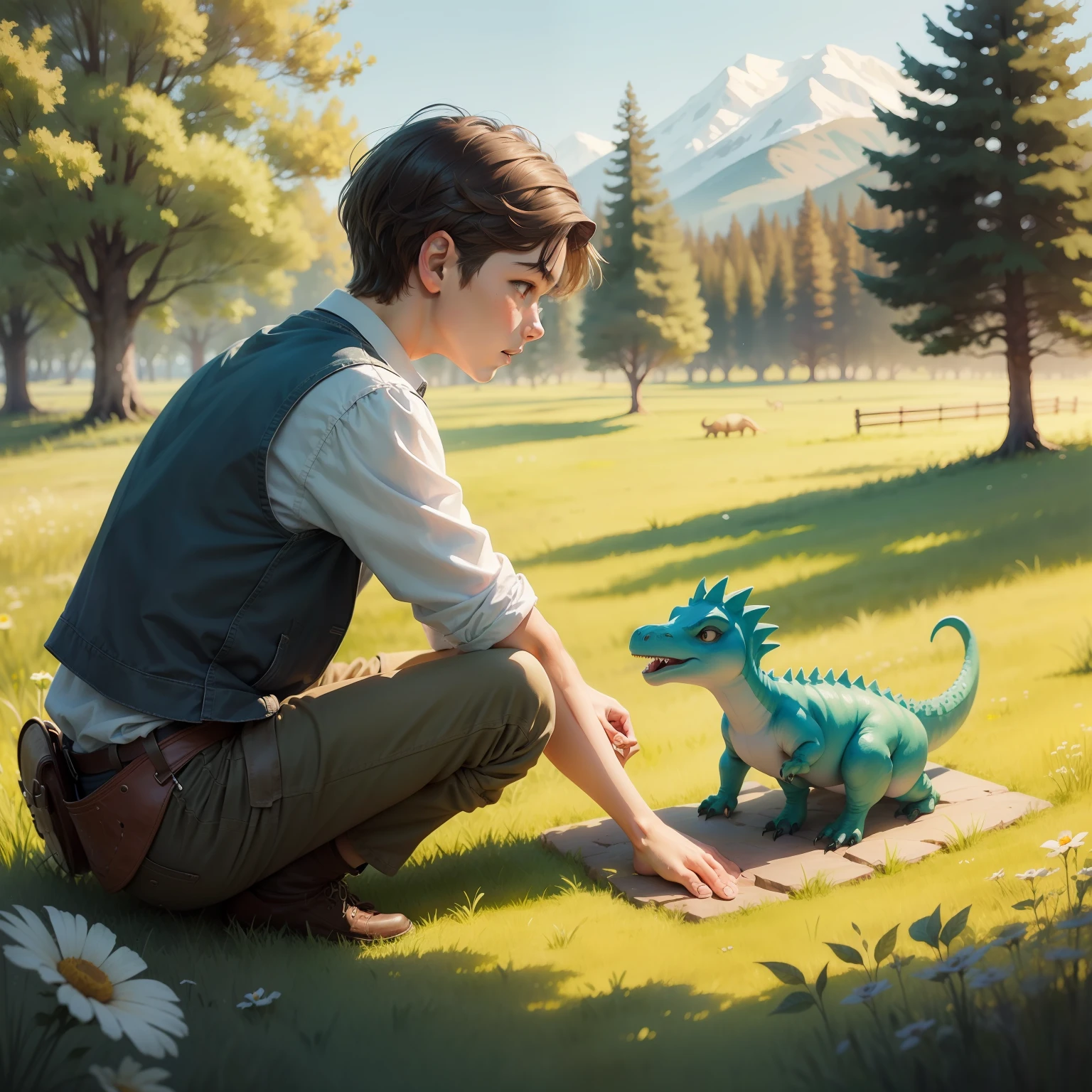 There is one boy in the meadow Dinosaurs nearby Watercolor