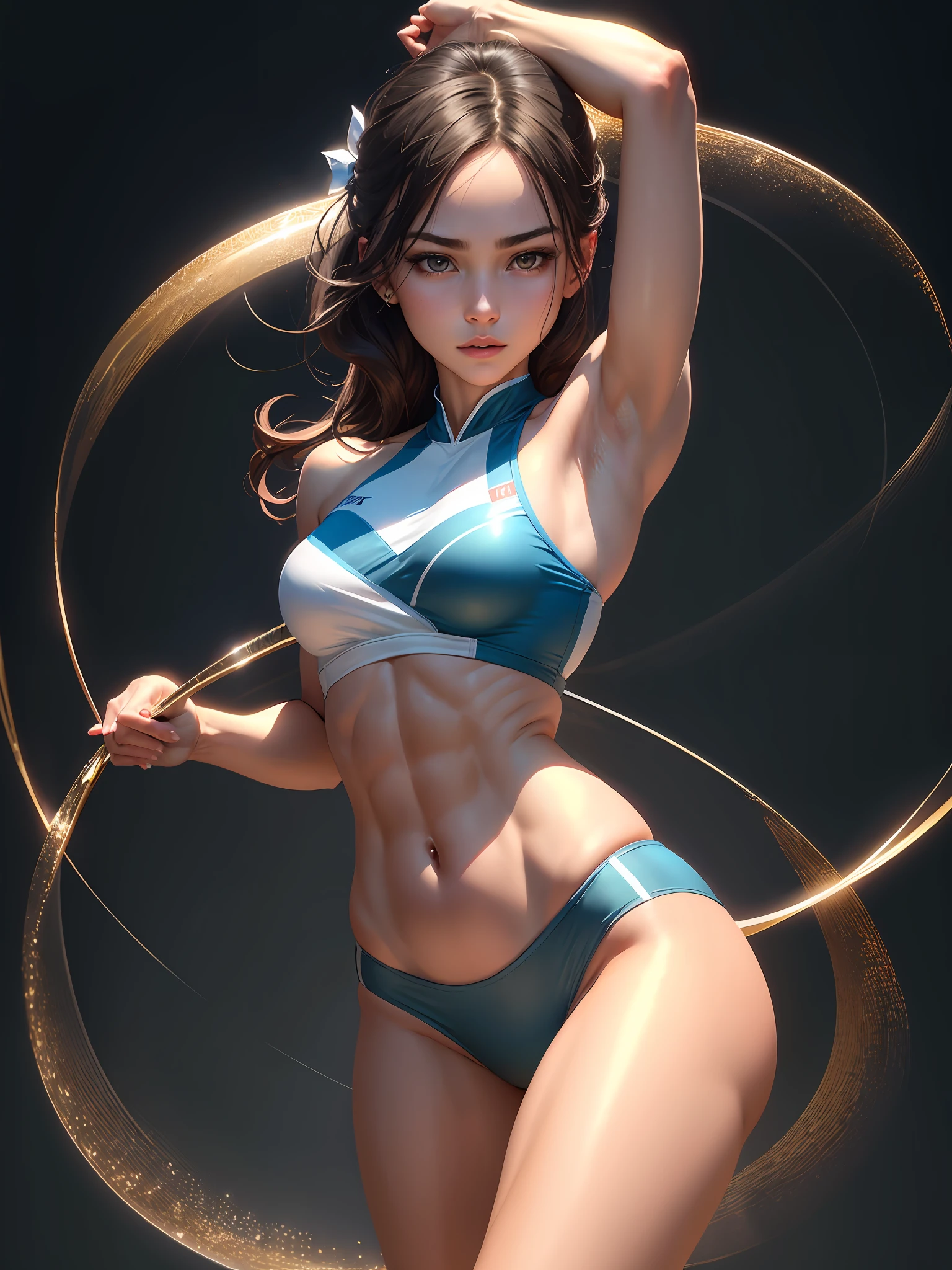 ((medium breasts⁩, Beautiful Girl, small head)), Daylight, Sunlight, (Chiseled abs : 1.1), (Perfect body : 1.1), detailed Hair, nice legs, Wearing a rhythmic gymnastics uniform , (Very detailed CG 8k wallpaper), (extremely delicate and beautiful), (masutepiece), (Best Quality:1.0), (Ultra High Resolution:1.0),  Beautiful lighting ,Perfect Lightning, Realistic Shadows, [hight resolution], Detailed skin, Ultra-detailed,rhythmic gymnastics　venu