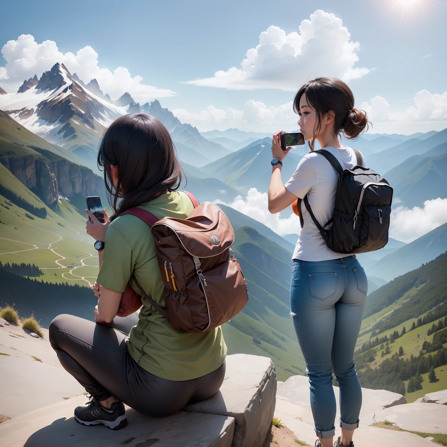 One lady(take photo from back side angle),on the big mountain stone,carry a mountain bag,wear half pant,half t shirt,wear watch,she is in the mountain, from where view looks good,sun in the sky,clear cloud,lady look prettt,4k,ultra,