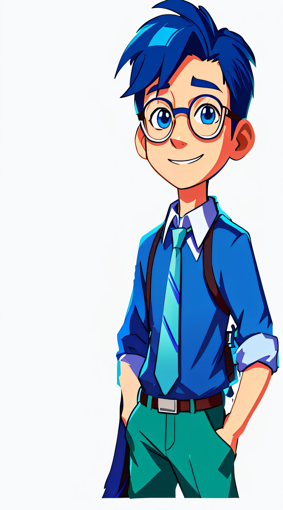 Cartoon boy in glasses and tie standing with hands in pockets, nerd man character portrait, concept art of single boy, Professional character design, hero 2 d fanart artsation, Highly detailed character design, cute slightly nerdy smile, nerdy appearance, character design portrait, portrait character design, official character illustration, nerdy, character full body portrait, high quality character design