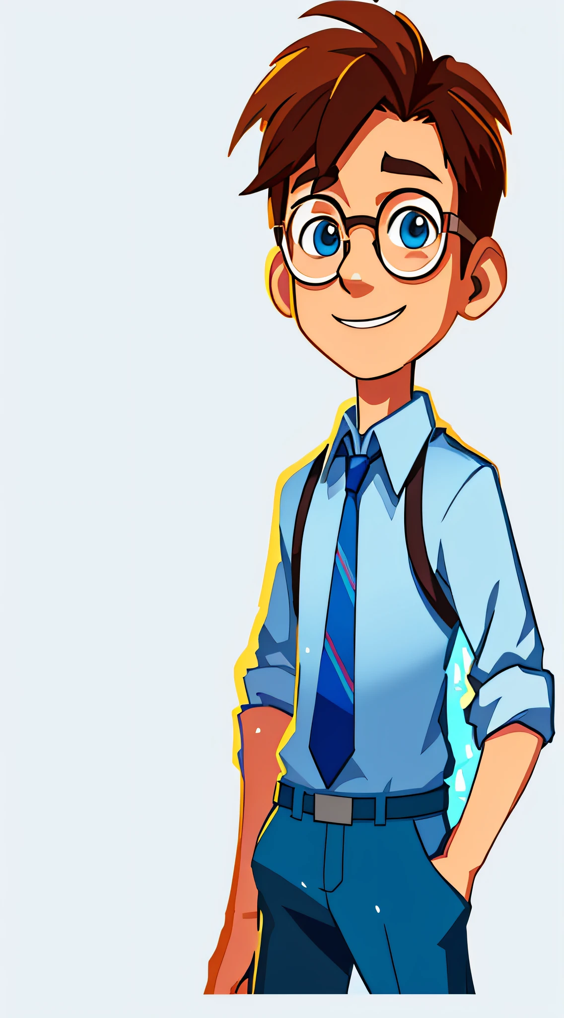 Cartoon boy in glasses and tie standing with hands in pockets, nerd man character portrait, concept art of single boy, Professional character design, hero 2 d fanart artsation, Highly detailed character design, cute slightly nerdy smile, nerdy appearance, character design portrait, portrait character design, official character illustration, nerdy, character full body portrait, high quality character design