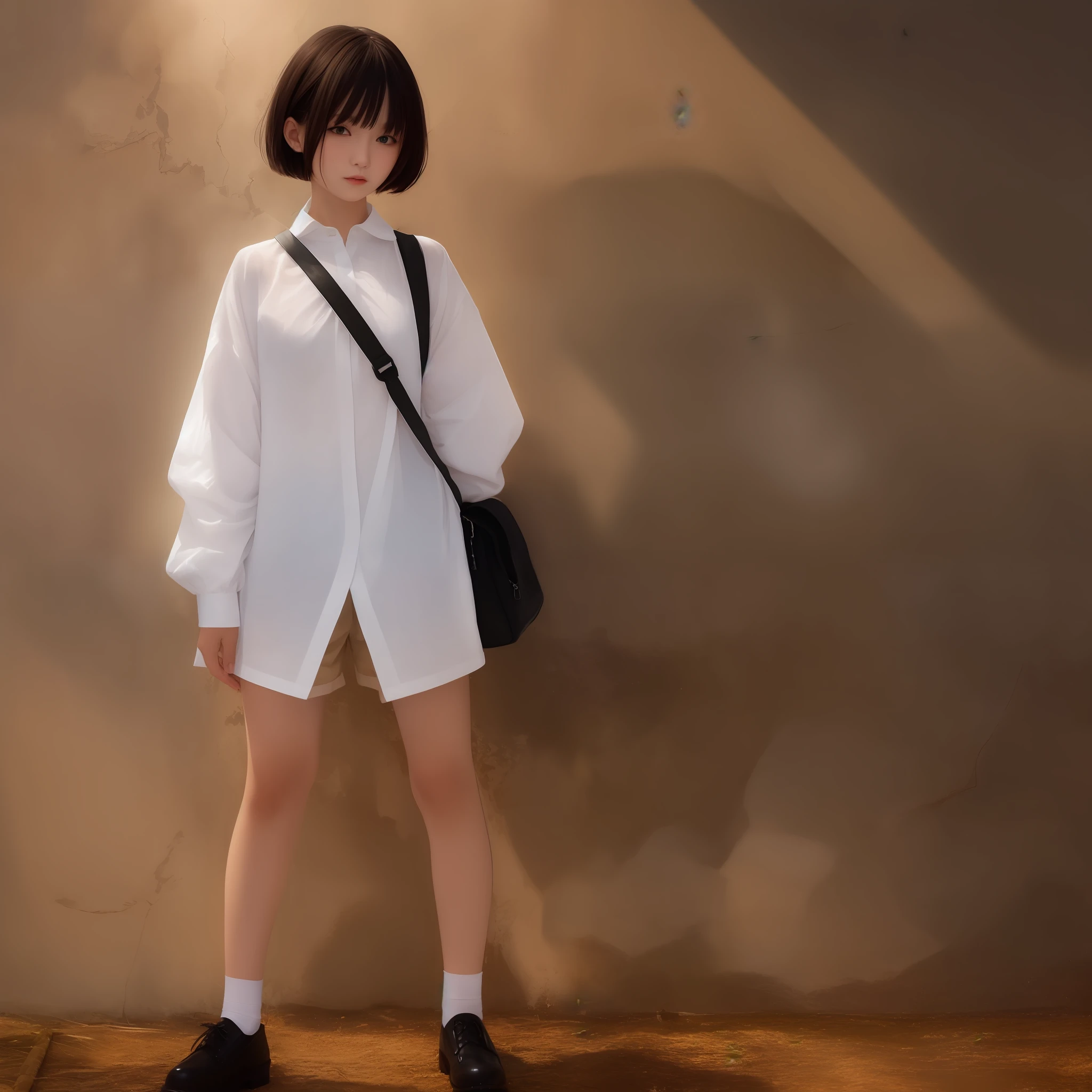 Sweet short hair(Length to around the chin)Sling leakage,Bigchest,blacksilk,Full body photo