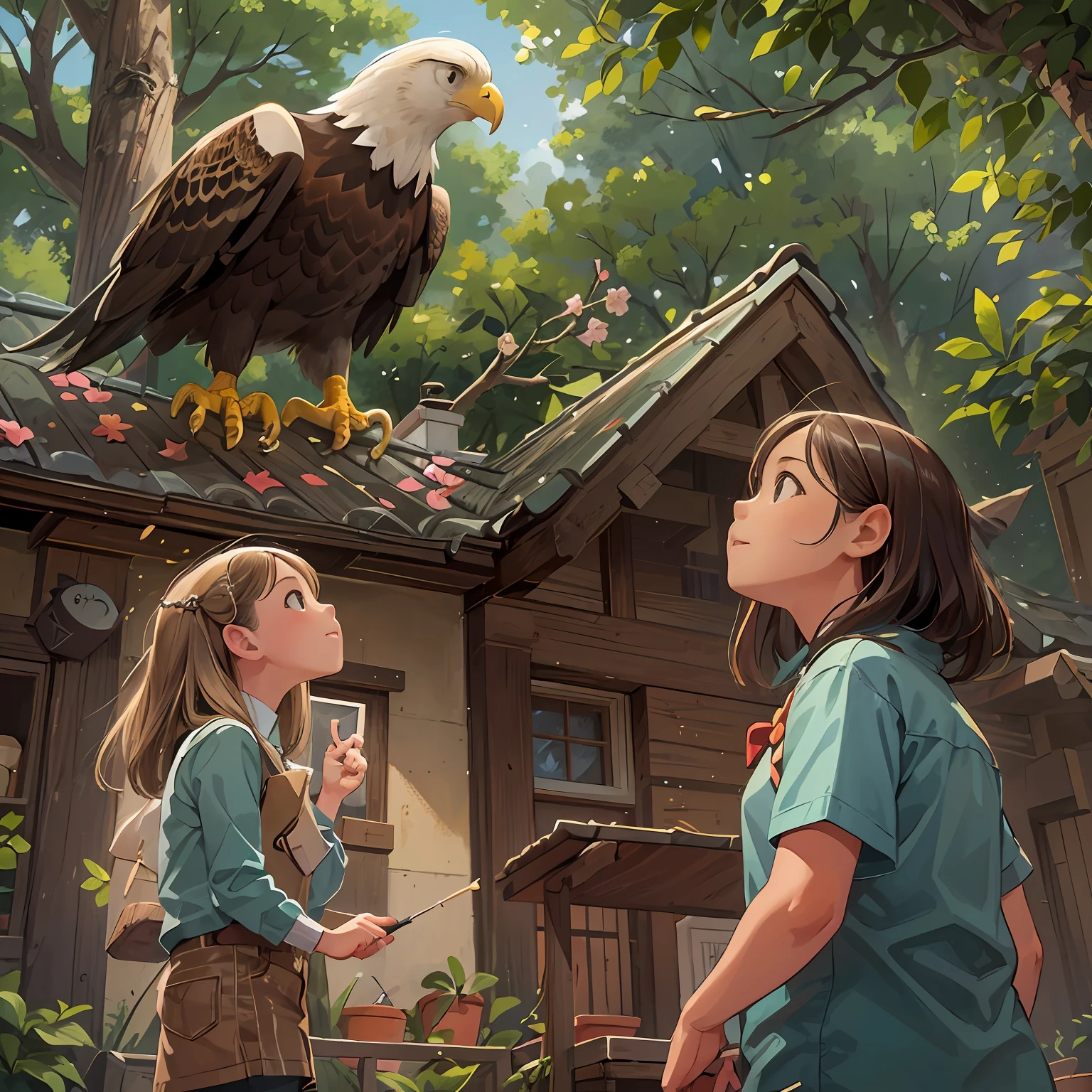 looking up Angle, bit girl, Grandma, Casa, An eagle stands on the house, The little girl pointed to the eagle, Grandmother looked at the eagle.