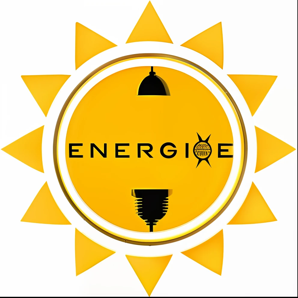 a yellow sun with a black and white logo and a lamp, raio, energia, tomada, electric energy, engenharia eletrica, logo de empresa, energia solar, eletrica