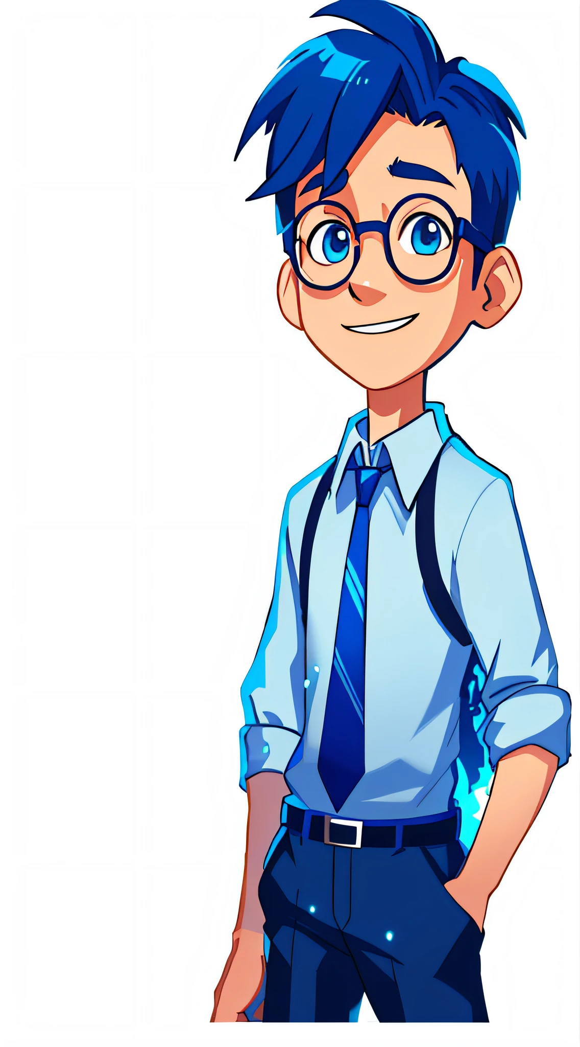 Cartoon boy in glasses and tie standing with hands in pockets, nerd man character portrait, concept art of single boy, Professional character design, hero 2 d fanart artsation, Highly detailed character design, cute slightly nerdy smile, nerdy appearance, character design portrait, portrait character design, official character illustration, nerdy, character full body portrait, high quality character design