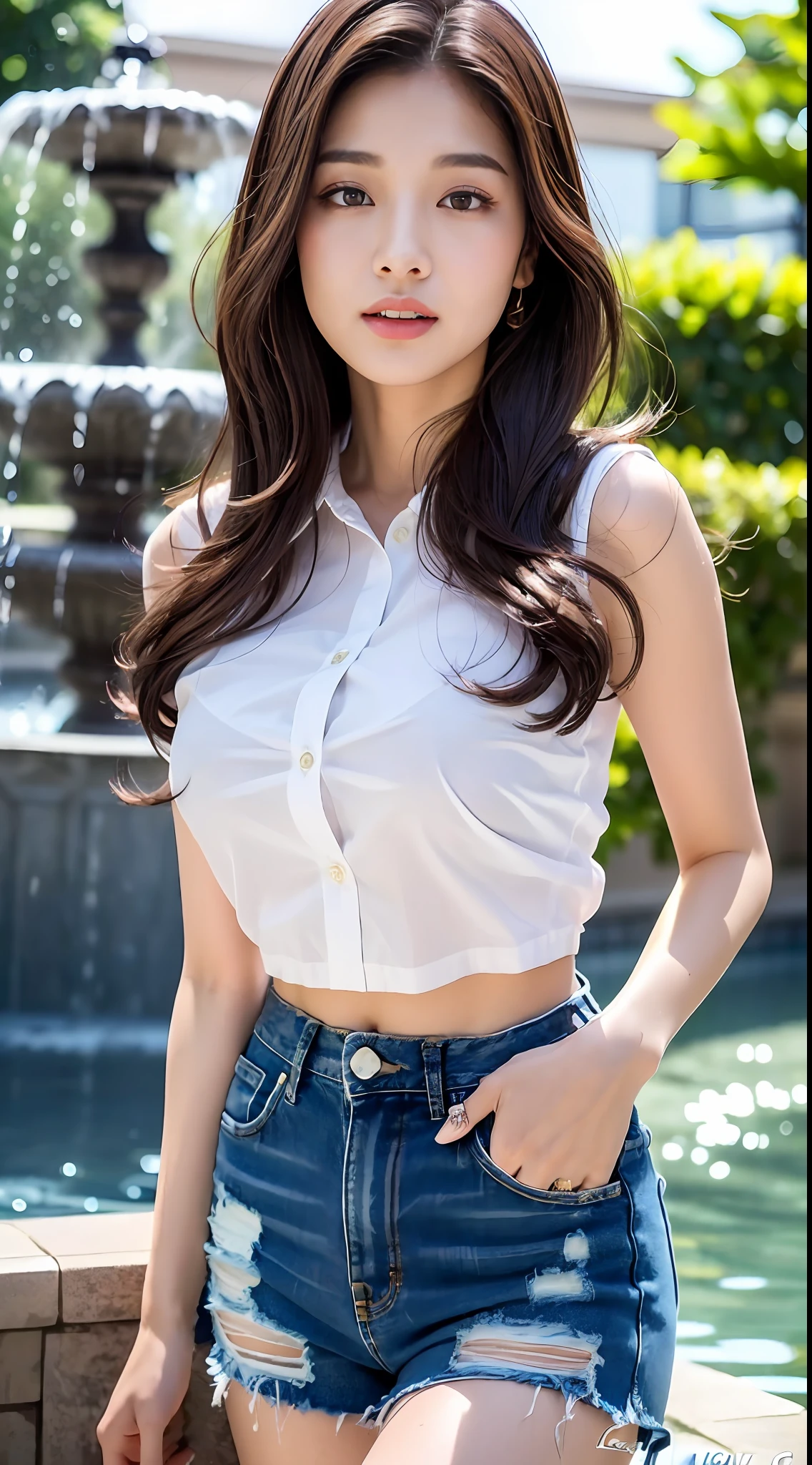((Best quality, 8k, Masterpiece :1.3)), Sharp focus :1.2, A pretty 25 year old indian woman with perfect figure :1.4, Slender abs :1.2, ((Dark brown hair, big soft breasts :1.4)), (wearing random colour button up shirt, Jean :1.1), artificial fountain in background:1.2, Highly detailed face and translucent skin texture, Detailed eyes, Double eyelid, full body photo, dynamic pose, beautiful face, beautiful body, fountain water wetting the girl, wet hairs, random hairstyles, uhd, jean shorts