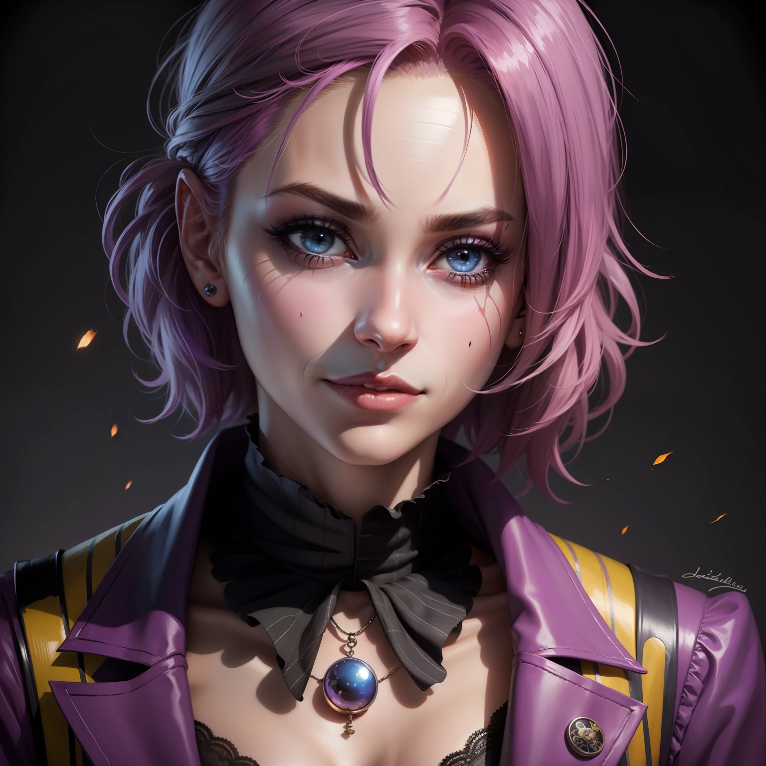 A jocker lady,realistic face,looks terrible, in the dark background-colourful light,hd quality lady,