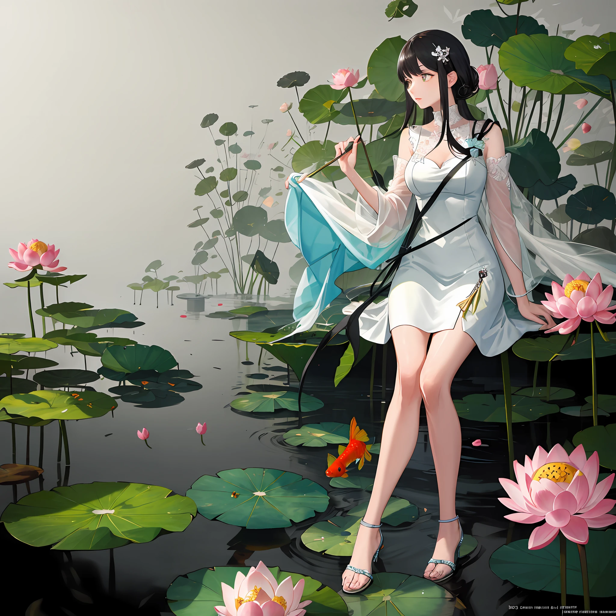 Several blooming lotus flowers,A few goldfish,A high resolution,Delicate