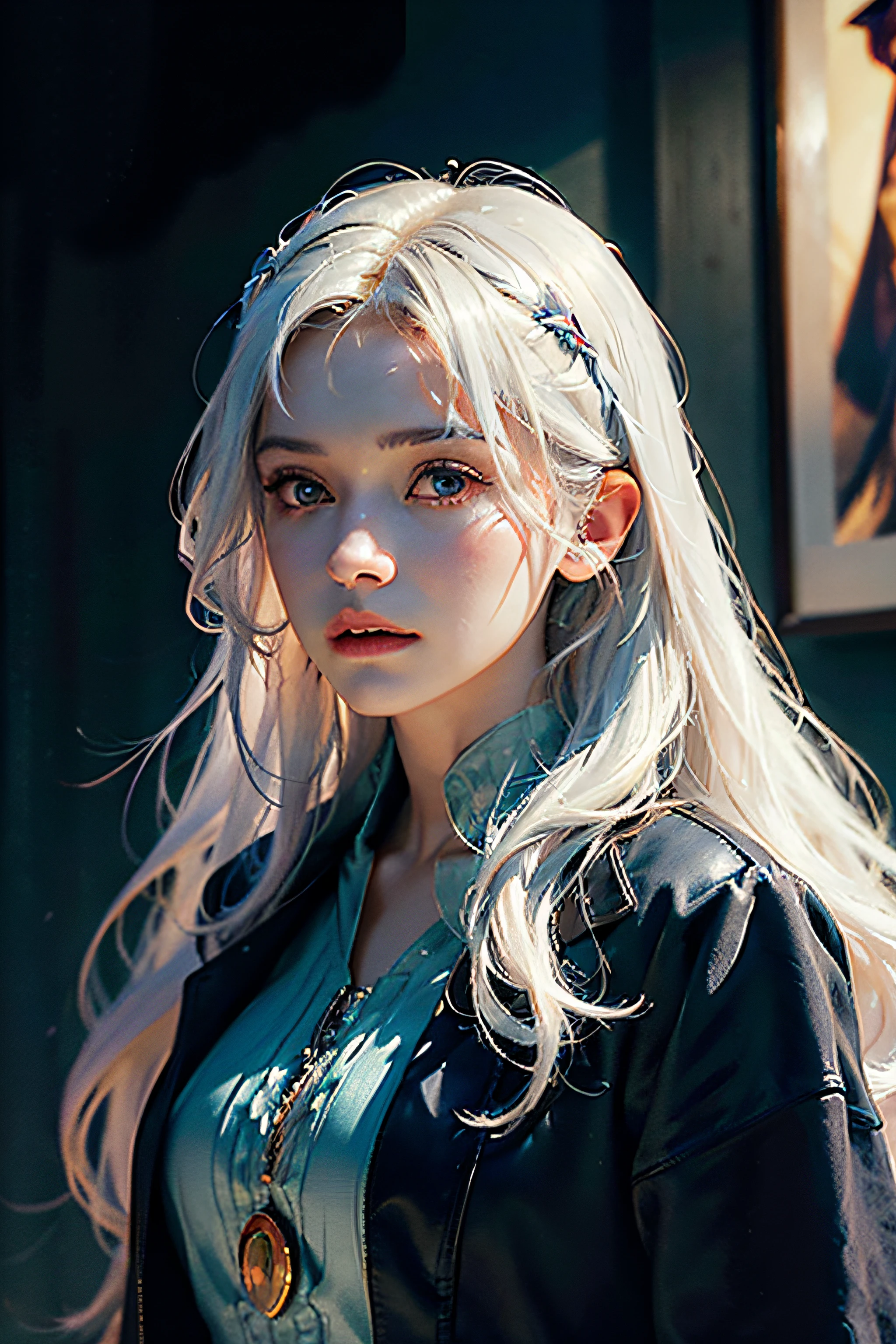 Hyperrealist portrait of female by david hockney and alphonse mucha,fantasy art, photo realistic, dynamic lighting, artstation, poster, volumetric lighting, very detailed faces, 4 k, award winning,, 1girl, in the dark, deep shadow, low key,cowboy shot,(official clothing:1.4) ,long hair,white hair,