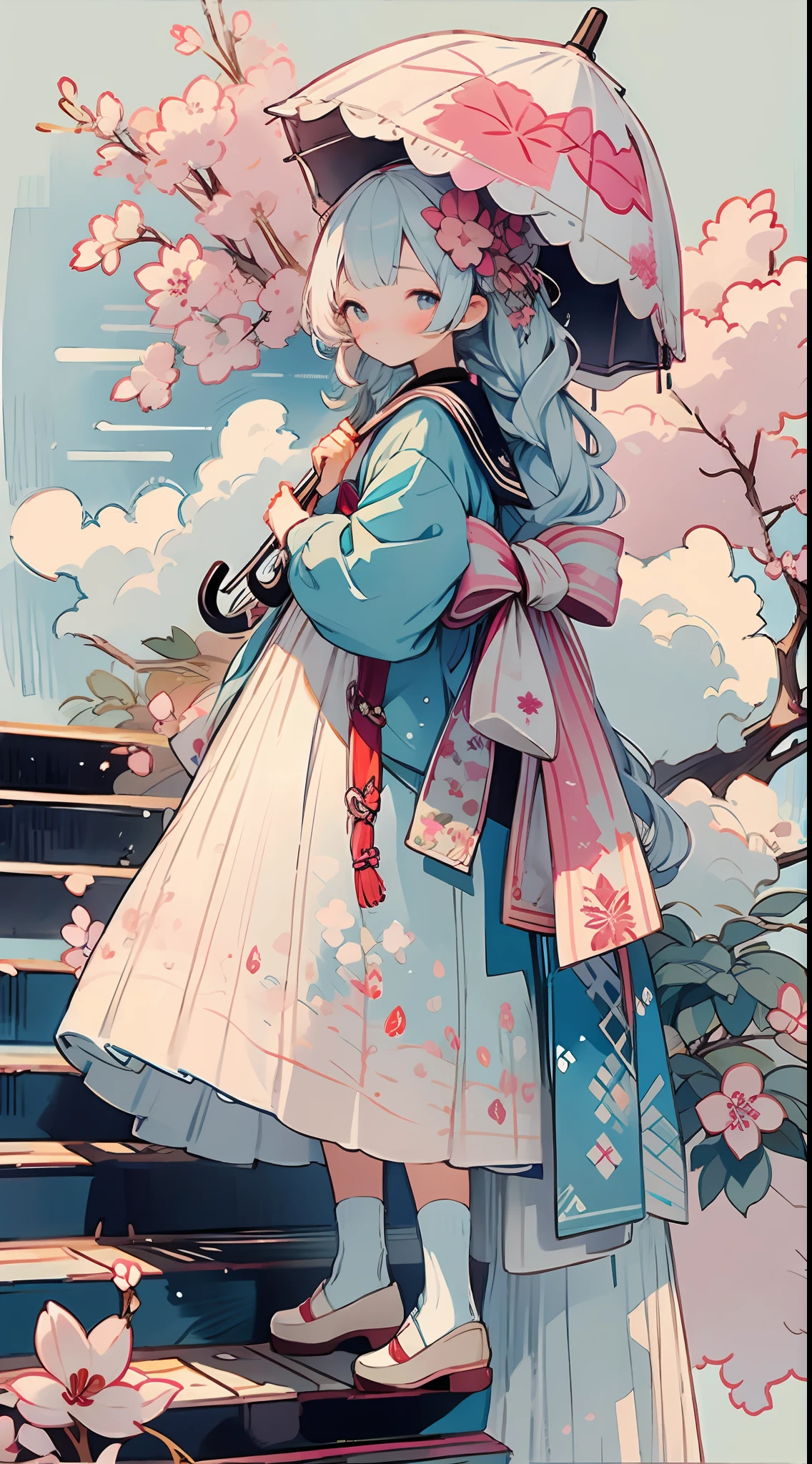 1girl, bird, umbrella, long hair, outdoors, dress, solo, blue eyes, holding, white dress, pink flower, flower, black footwear, white hair, day, holding umbrella, petals, bag, stairs, long sleeves, looking at viewer, socks, white socks, shoes, sky, bangs, looking back, cherry blossoms, sailor collar, hair flower, blue sky, standing, hair ornament, bow, tree