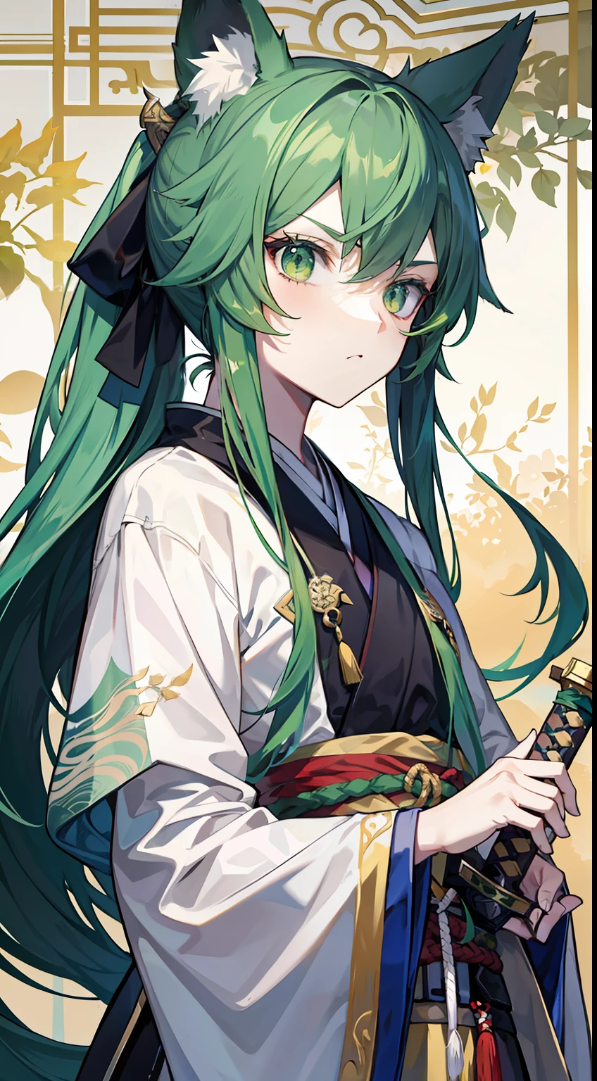 Tall guy, long green hair,high ponytail, Green eyes, wolf ears, Hanfu, a sword, A serious look, Masterpiece, hiquality
