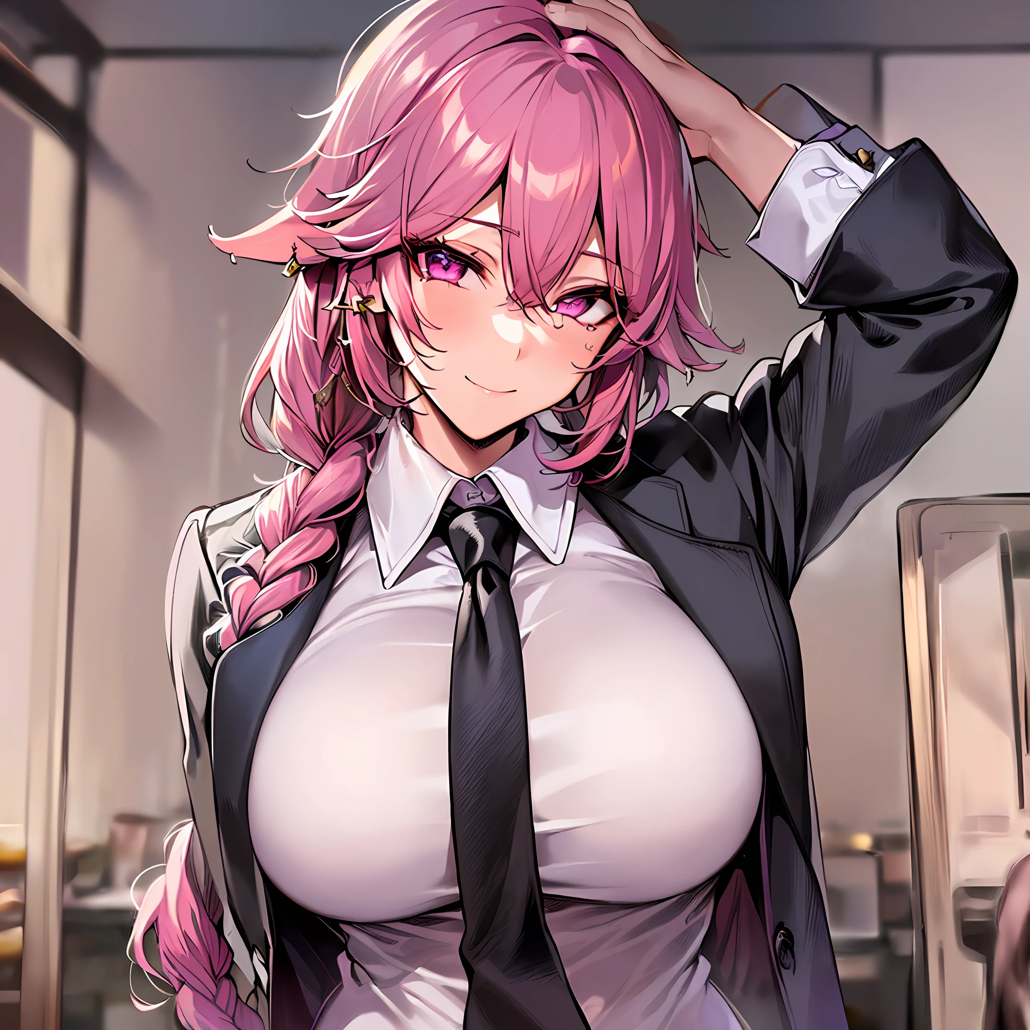 ((masterpiece)), (best quality), beautiful, extremely detailed face, perfect lighting,ultra-detailed,((expressionless)),((cold attitude)),((tsurime)),((tareme)),breasts,((Mature female)),((yae miko, long hair, smile, bangs, (big breasts:1.2), braid, pink hair, braided ponytail, ringed eyes,
shirt, long sleeves, white shirt, necktie, collared shirt, pants, black pants, formal, suit, black necktie, shirt tucked in, office lady,
Perfect female body,(slim waist),abdominal muscles,linea alba,
1girl, (multiple penises:1.0), (surrounded:1.0), (too_many:1.0), (multiple boys:1.0), face, close-up,  on face,,