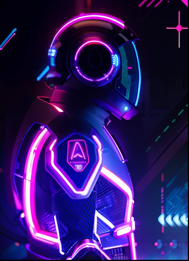 Close-up of a man in a neon suit and helmet, laserpunk fullbodysuit, Astronaut Cyberpunk Electric, neon armor, neon edges on bottom of body, neonpunk, Futuristic neon, neon cyberpunk, neon operator, thrones, cyber neon lights, led detailed spacesuit, Synth wave neon retro futurism, stylized neon, futuristic clothing and helmet, cyber universe style