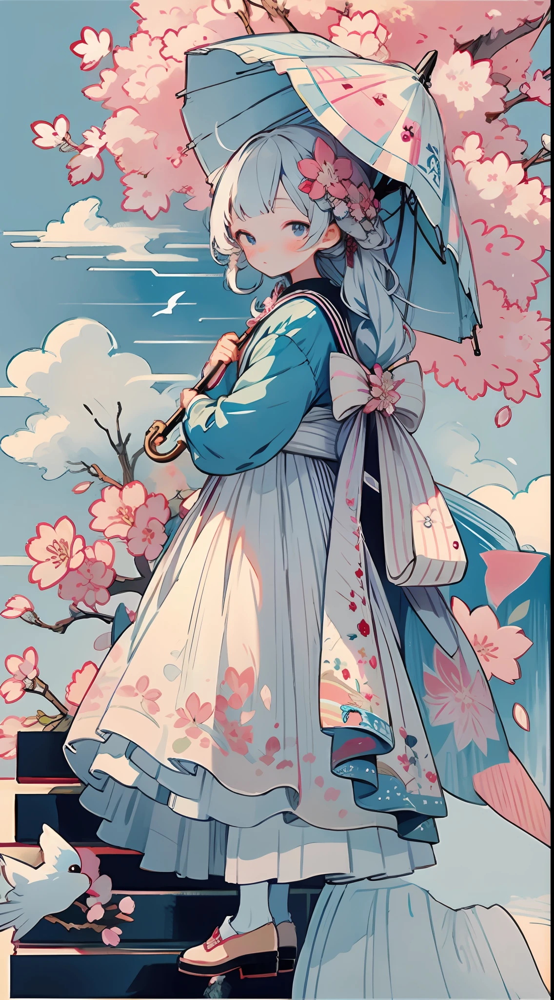 1girl, bird, umbrella, long hair, outdoors, dress, solo, blue eyes, holding, white dress, pink flower, flower, black footwear, white hair, day, holding umbrella, petals, bag, stairs, long sleeves, looking at viewer, socks, white socks, shoes, sky, bangs, looking back, cherry blossoms, sailor collar, hair flower, blue sky, standing, hair ornament, bow, tree