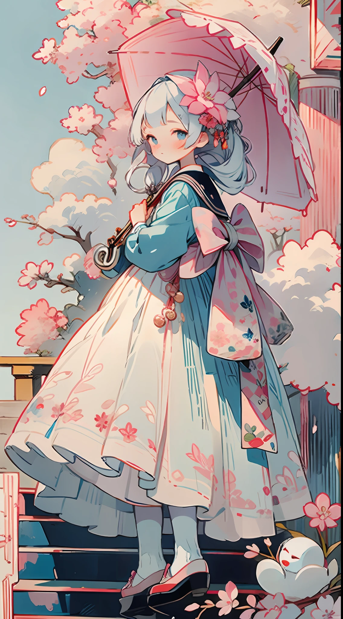 1girl, bird, umbrella, long hair, outdoors, dress, solo, blue eyes, holding, white dress, pink flower, flower, black footwear, white hair, day, holding umbrella, petals, bag, stairs, long sleeves, looking at viewer, socks, white socks, shoes, sky, bangs, looking back, cherry blossoms, sailor collar, hair flower, blue sky, standing, hair ornament, bow, tree