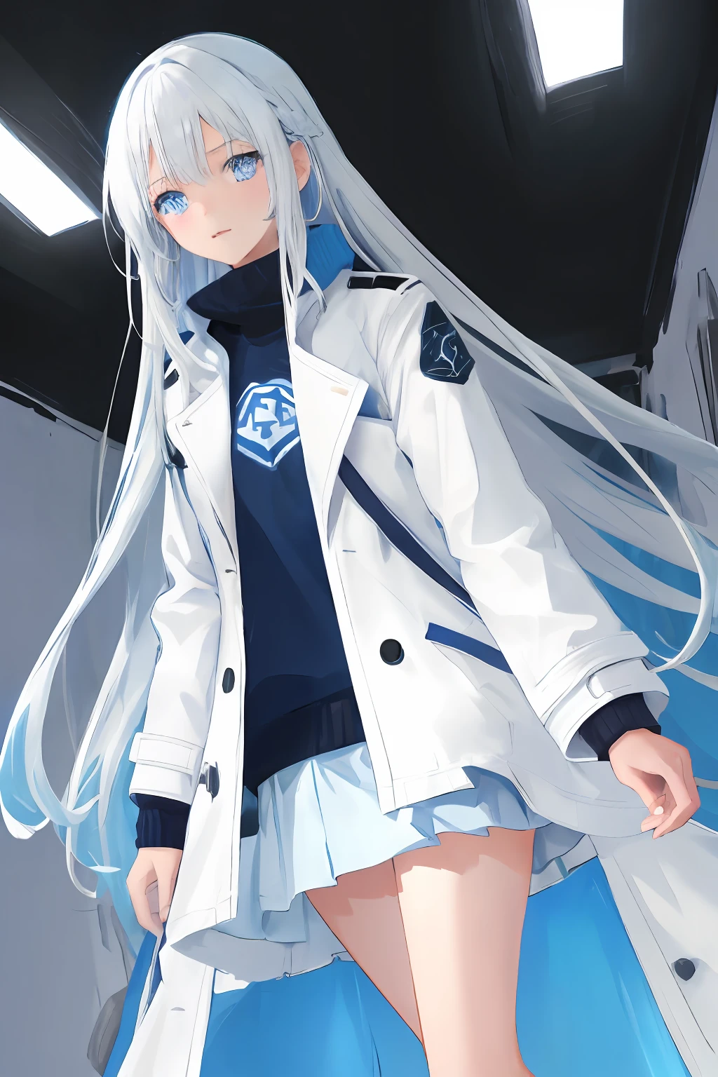 teens girl,blue colored eyes,long white hair,starrysky,Short light blue skirt,Light blue top,White trench coat,