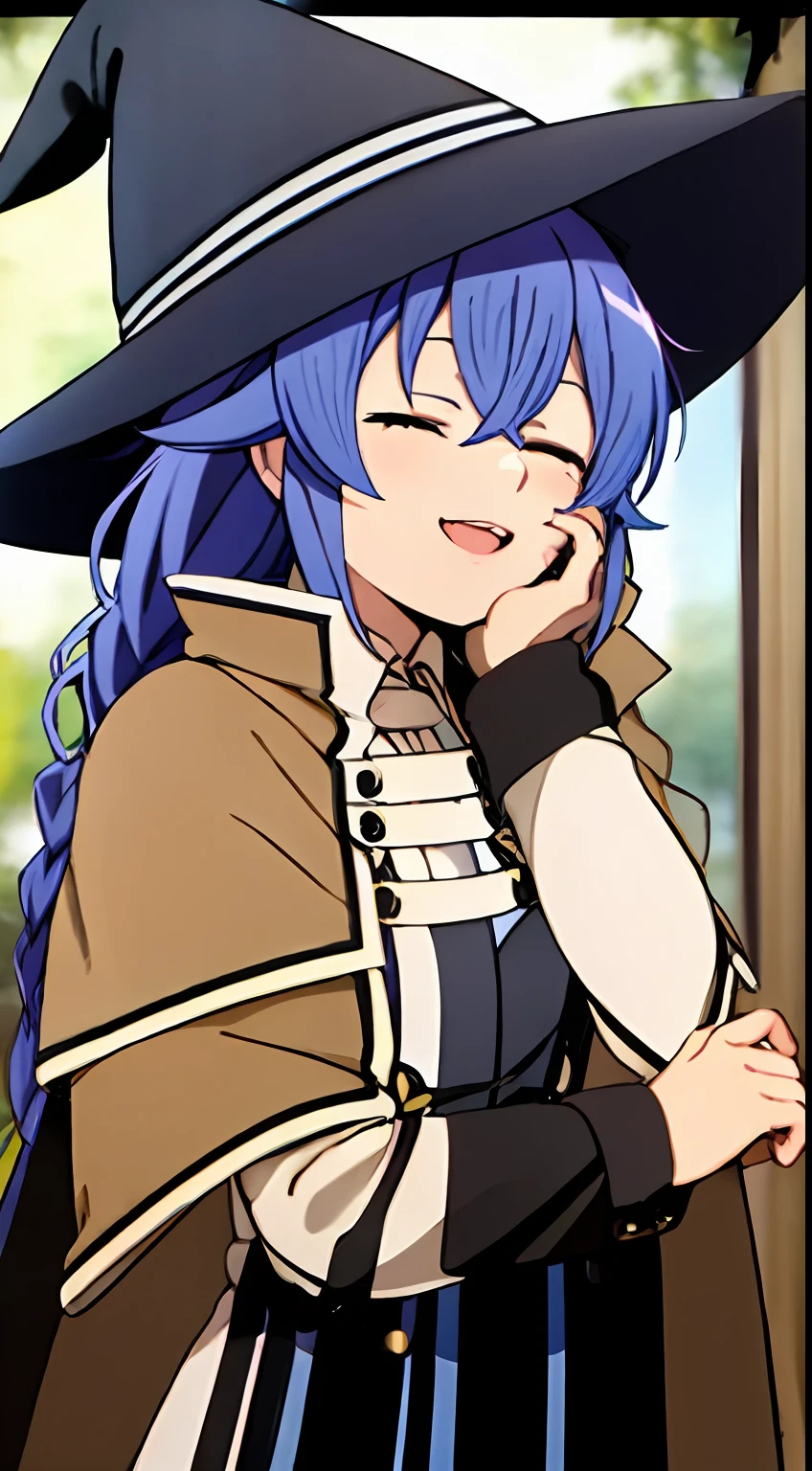 roxy migurdia, Masterpiece, Best quality, Very detailed background, Cafe, hand on own cheek, Open mouth, Eyes closed, clench one's teeth, Smile, arms back behind, bangs, Black tiara, Blue eyes, Blue hair, Braid, Brown cape, Cape, hair between eye, Hat, Long hair, Witch hat