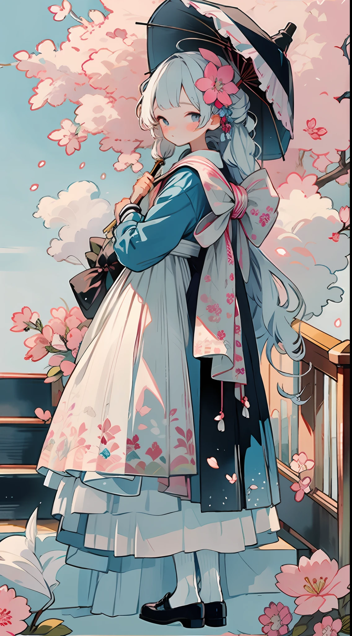 1girl, bird, umbrella, long hair, outdoors, dress, solo, blue eyes, holding, blue dress, pink flower, flower, black footwear, white hair, day, holding umbrella, petals, bag, stairs, long sleeves, looking at viewer, socks, white socks, shoes, sky, bangs, looking back, cherry blossoms, sailor collar, hair flower, blue sky, standing, hair ornament, bow, tree