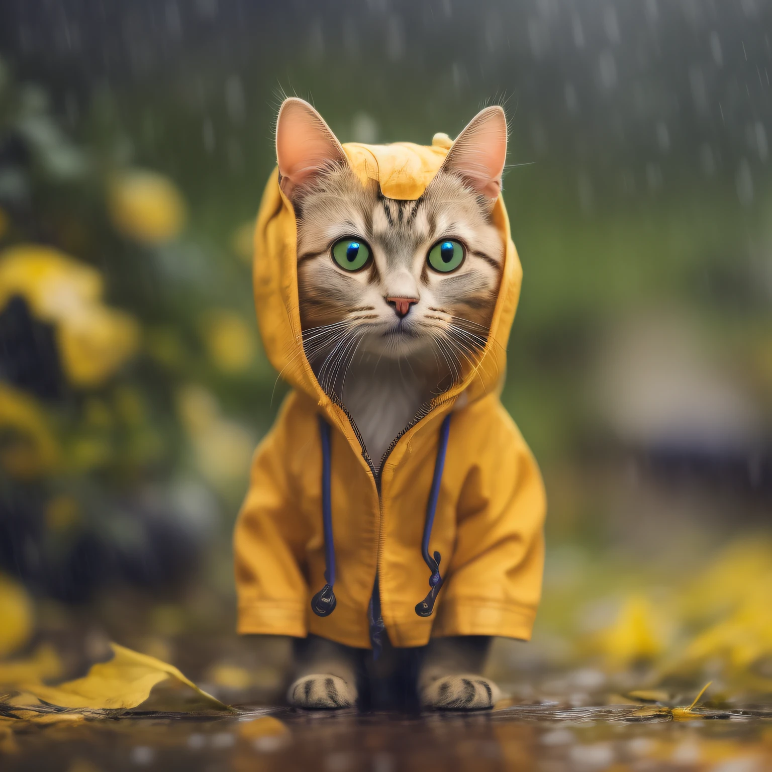 girl, CircuitBoardAI, tiny cute (happy1.4) cat in a (yellow raincoat1.3) in the woods, rain, a character portrait, Tilt-shift, bokeh