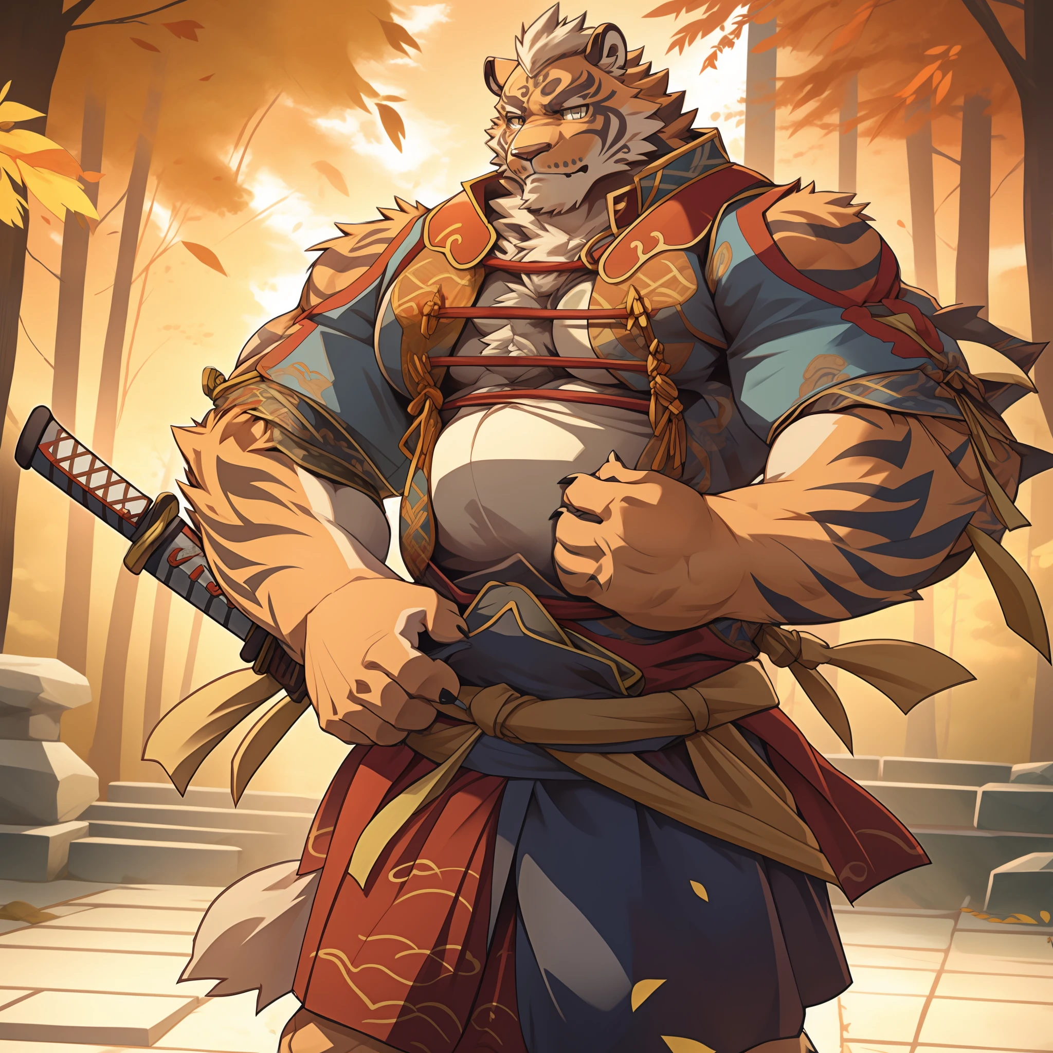 Lin Hu，musculature，tit，Fat Chubby，Wear a katana，potbelly，Plump and firm，Huge protrusions on the lower body，Wear a katana，Samurai style，Carrying a katana，carrying swords on his back，Pinch the waist