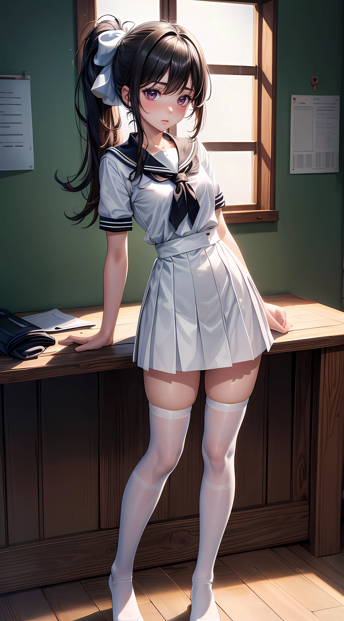 nudegirl,(((Masterpiece,Best quality,offcial art,Extremely detailed Cg Unity 8K wallpaper))) ,(Masterpiece:1.2, Best quality), (((Best quality))),(((Ultra detailed))),(((Masterpiece))),illustration, 1girll,Chinese, Slim figure,Students,indoor,Beautifully detailed eyes,Messy hair,Long hair, flipped hair,hair glowing,angle of view,((Blush)),((rough breath)),Black eyes,Perfect face,Small breasts,White school uniform,Perfect feet,uwabaki,Small waist,Side ponytail,,Head down,standing,white legwear,(NSFW)、Black color hair