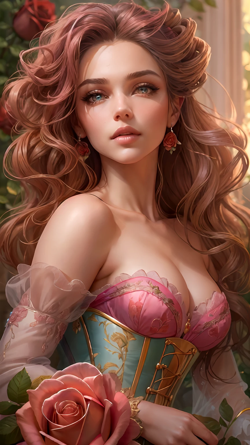 This is realistic fantasy artwork set in the castle's enchanted rose garden. Generate a proud woman with a highly detailed face dressed in the billowing folds of a stunning French silk ballgown. The woman's sweet face is ((((highly detailed, with realistic features and soft, puffy lips.))))  The ballgown is embellished with ruffles, sashes, and bows and a delicately, but intricately, hand-embroidered bodice. The corset features silk ribbon. The woman's stunning eyes are beautifully detailed, featuring realistic shading and multiple colors and high resolution. The woman is in a garden of eternal roses, each one beautifully formed and highly detailed. These realistic roses feature shimmering shades of pink, yellow, orange, and glimmering red. The eternal rose is a deep shade of red with shimmering pink overtones and undertones. Ensure that the woman's face, hair, and eyes are perfect. realism, high fantasy, whimsical fantasy, storybook fantasy, fairytale fantasy, fantasy details, enchanting, bewitching, 8k, hires, cgi, digital painting, unity, unreal engine, (((masterpiece))), intricate, elegant, highly detailed, majestic, digital photography, art by artgerm and ruan jia and greg rutkowski, (masterpiece, finely detailed beautiful eyes: 1.2), hdr, realistic skin texture, (((1woman))), (((solo))), Include a highly detailed face, extremely detailed face, and interesting background.