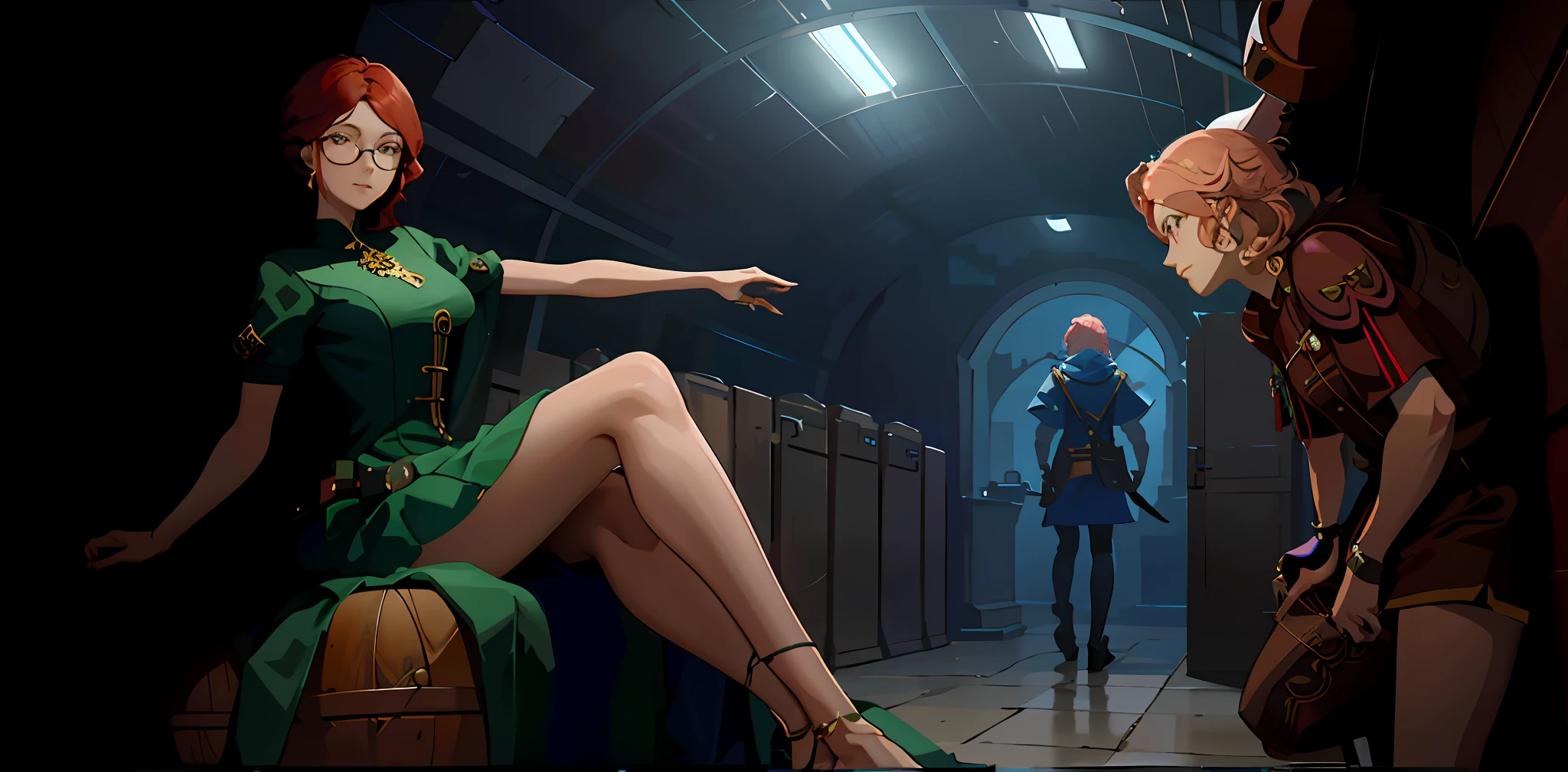 There is an old woman who has curly red hair like a very small afro wearing a long green dress sitting in a box , round glasses and drooping breasts, desenhado como a arte oficial de jogo, estilo lembrando levemente anime, estilo splash arte de league of legends, mulher idosa sentada em cima de escravo, high quality, rosto detalhado, detailed hands