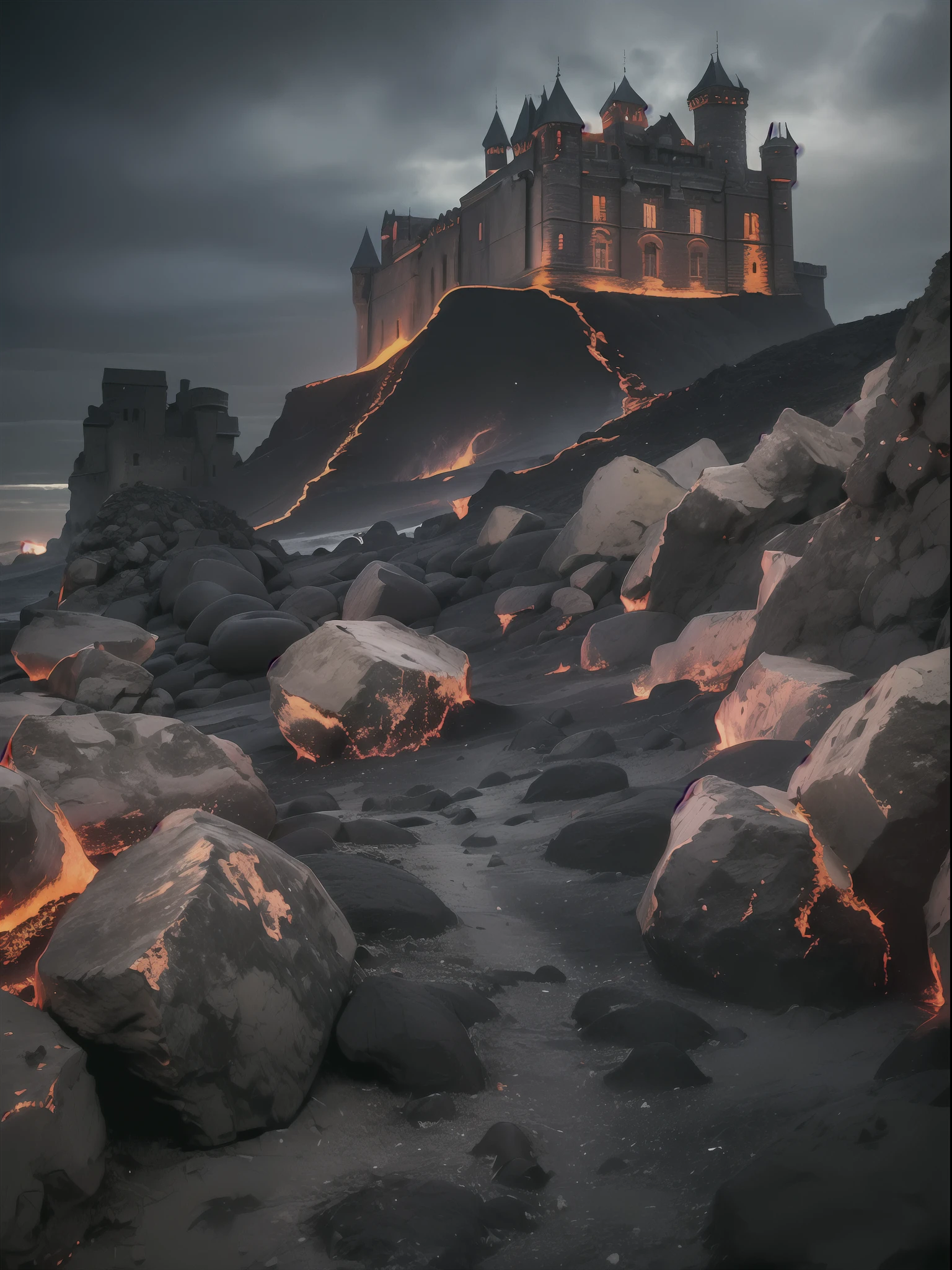 (masterpiece, high resolution, photo-realistic:1.3), (photograph of a castle constructed from stone and volcanic lava:1.2), (the castle perched on a rocky cliff surrounded by a desolate volcanic landscape:1.2), (capturing the contrast between the solid stone structure and the flowing lava:1.2), (Sony Alpha 1 camera, ideal for capturing stunning details in challenging environments:1.2), (paired with the Sony FE 24-70mm f/2.8 GM lens for versatility and clarity:1.2), (the castle's exterior crafted from dark and weathered volcanic rock:1.2), (intricate stone carvings and gargoyles adorning the castle's walls:1.1), (the lava flowing gently around the base of the castle, emitting a soft glow:1.1), (the volcanic landscape showing signs of ancient eruptions and geological upheaval:1.1), (a dynamic and surreal scene evoking a sense of ancient power and mystery:1.1), (the Sony Alpha 1's high resolution capturing the smallest nuances in the stone and lava textures:1.1), (the Sony FE 24-70mm f/2.8 GM lens providing sharpness and clarity throughout the frame:1.1), (a photo that showcases the captivating beauty of nature's raw elements meeting human craftsmanship:1.1), (the castle's location amidst a barren and otherworldly terrain:1.1), (the contrasting colors of dark stone and fiery lava creating a dramatic visual impact:1.1), (the photograph telling a story of an ancient stronghold built in a land shaped by volcanic forces:1.1), (a haunting and awe-inspiring sight that sparks the viewer's imagination:1.1), (a masterpiece that captures the essence of both the castle's solidity and the ever-changing nature of volcanic landscapes:1.1).