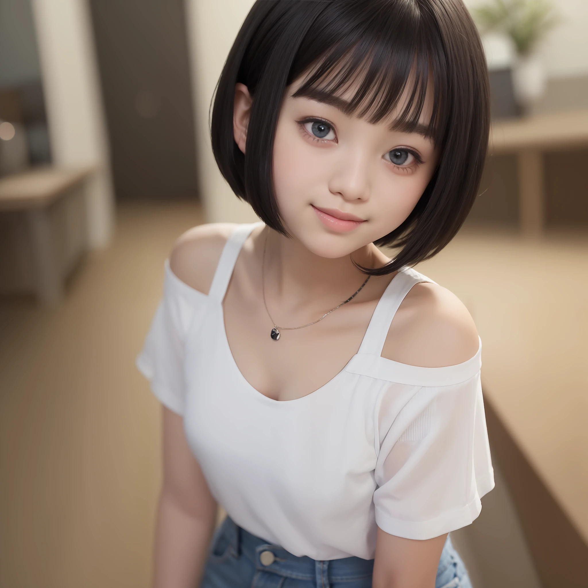 With the best image quality、Teenage girl standing in room。((Black Hair Bob Hair))、Cute smile with mouth closed.。tiny chest、White short-sleeved shirt、Denim short-sleeved trousers