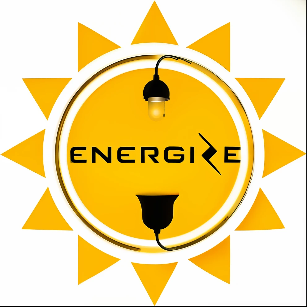 a yellow sun with a black and white logo and a lamp, raio, energia, tomada, electric energy, engenharia eletrica, logo de empresa, energia solar, eletrica