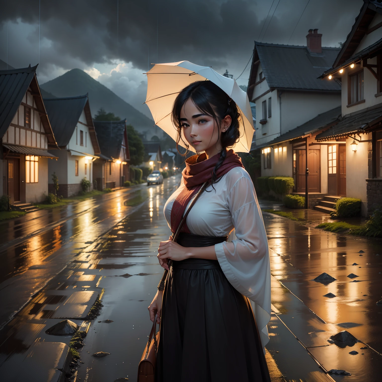 A beautiful lady go in the rural village road,she hold umbrella,rain falling,water flow in the road,some house are present side of the village road,it is the time of evening, she is going,looking beautiful,evening time view,lights are present,