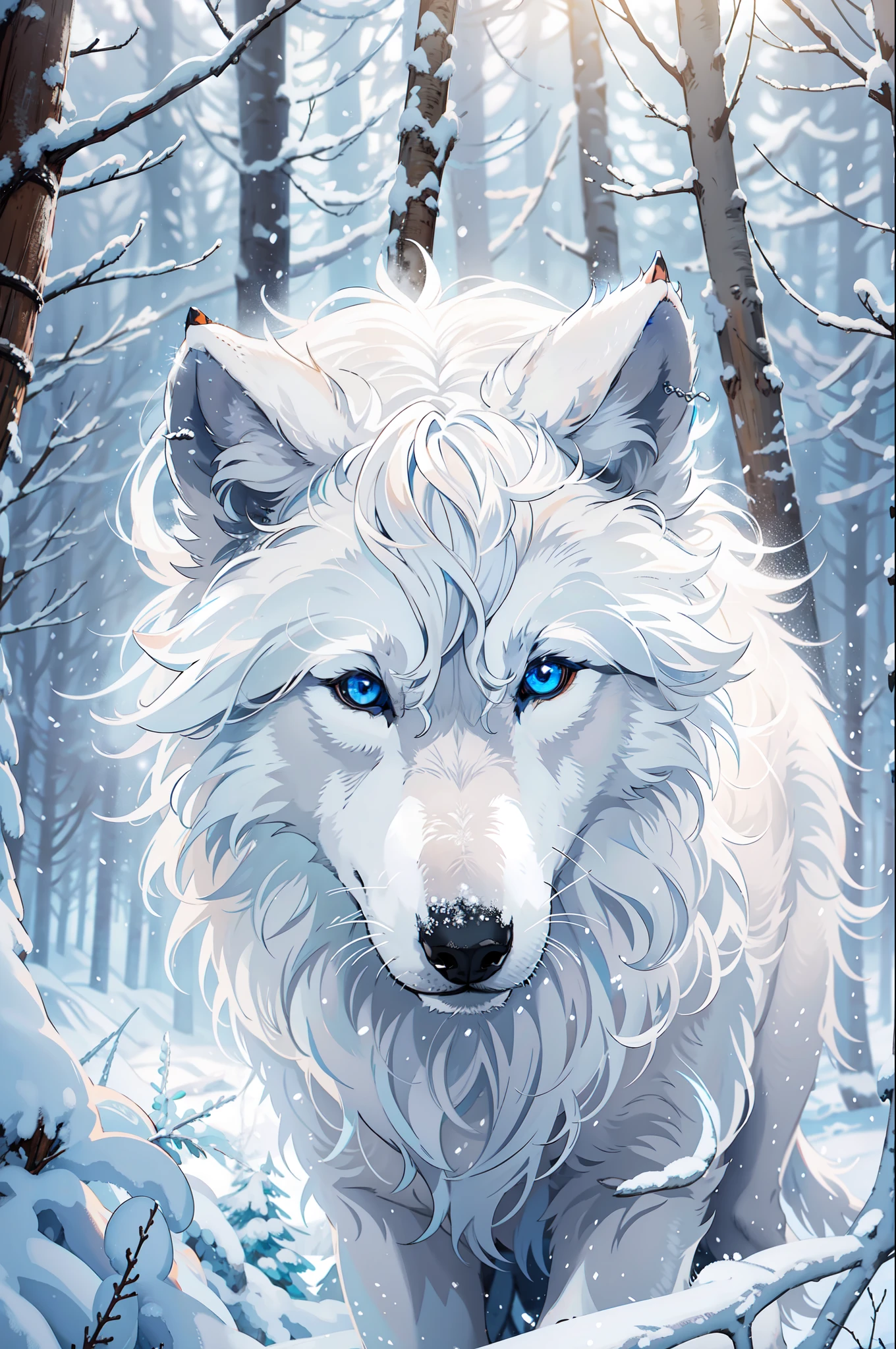 winter wolf, piercing blue eyes, white fur, Setting is a Scandinavian forest in winter, snow, Highly detailed, strong, big, looking at viewer, slender, fluffy