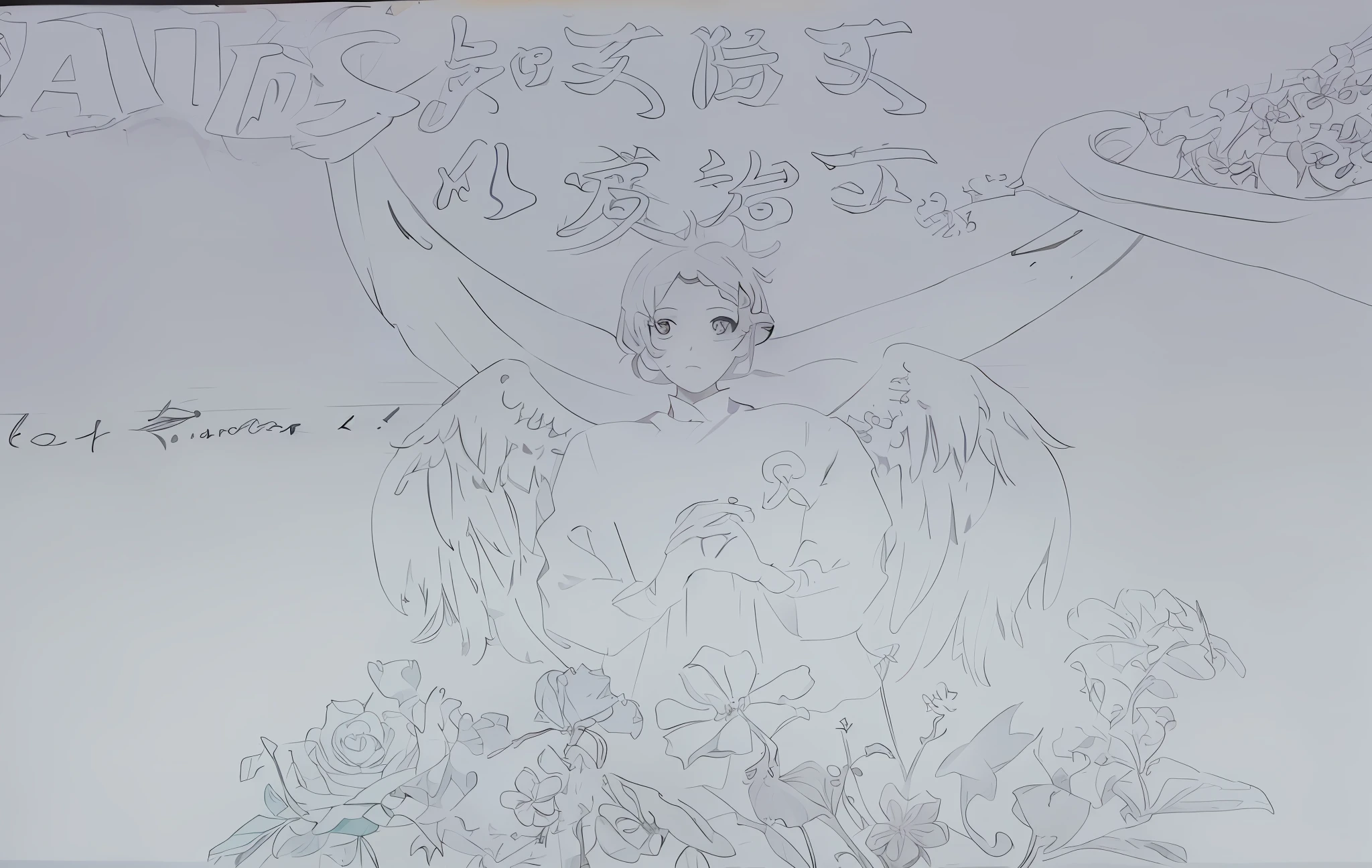 Angel in White,Cross your fingers with your hands,The back has beautiful wings,Surrounded by beautiful flowers。