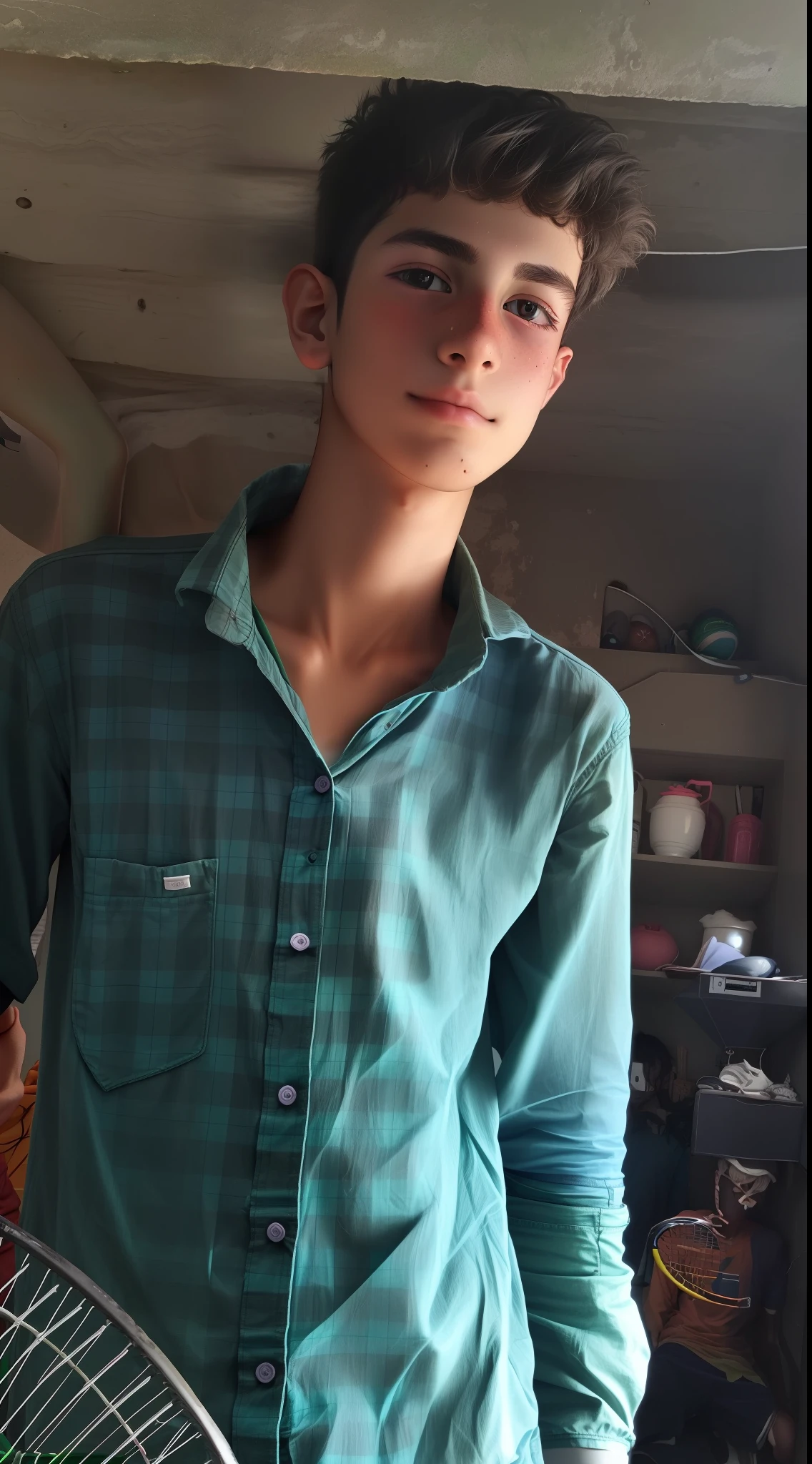 arafed boy in a green shirt holding a tennis racket, around 1 9 years old, 1 7 - year - old boy thin face, he is about 20 years old, he is about 2 0 years old, wearing in shirt, with accurate face, thin young male, he is about 2 5 years old, portait image, help me, very handsome